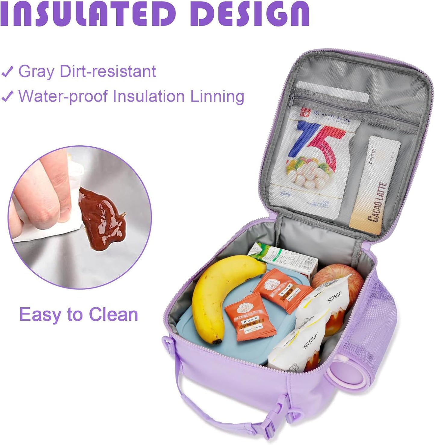 Initial Insulated Lunch Bag for Girls Kids, Back to School Gift, Reusable Leak-proof Lunch Box with Adjustable Strap for School Daycare Travel Picnic (Purple,T)