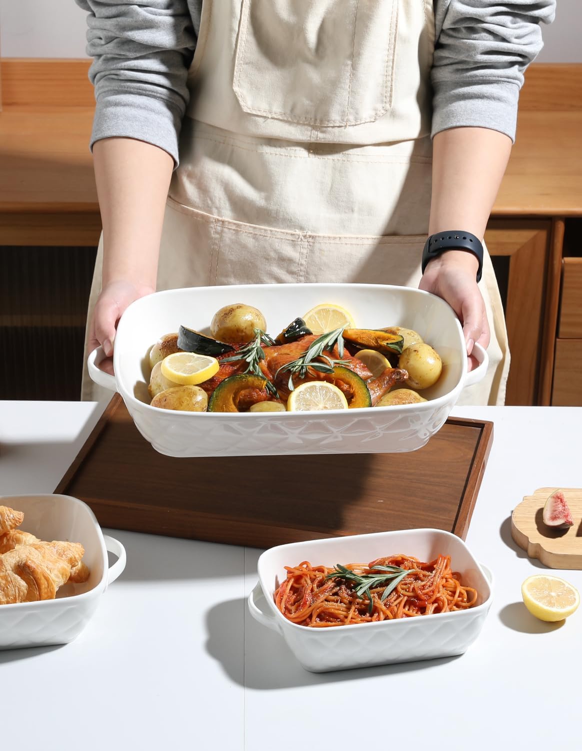 Sweejar Casserole Dishes for Oven, Baking Dish Set of 3,Ceramic Bakeware Set, Rectangular Baking Pan for Cooking,Kitchen,Banquet,12.2x9.2x2.5 Inches (White)