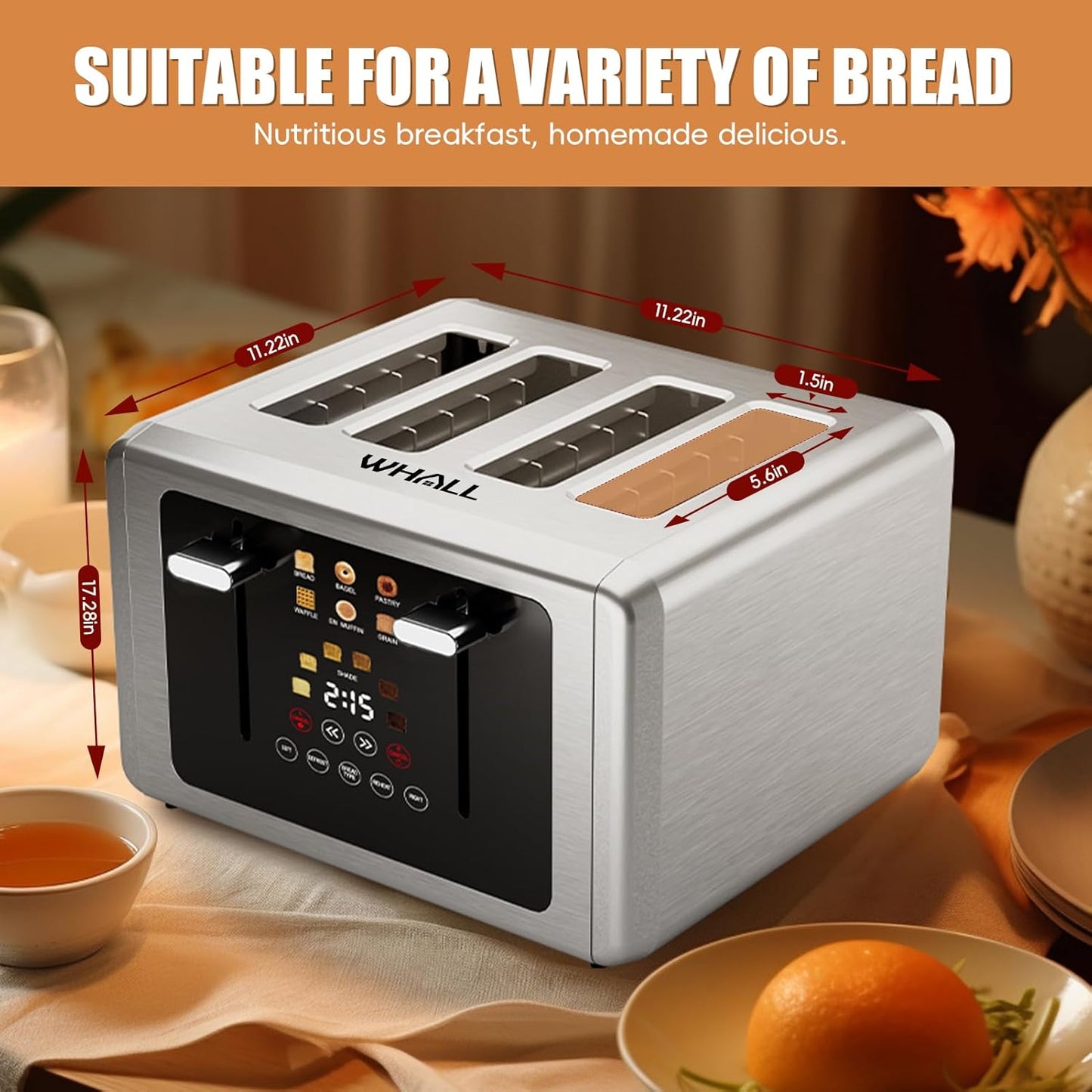 whall 4 Slice Touch Screen Toaster, Stainless Steel Toasters Digital Timer, Dual Control Panel Toasters，6 Shade Settings＆6 Bread Types, Smart Wide Slots, Bagel, Cancel, Defrost,Stainless Steel