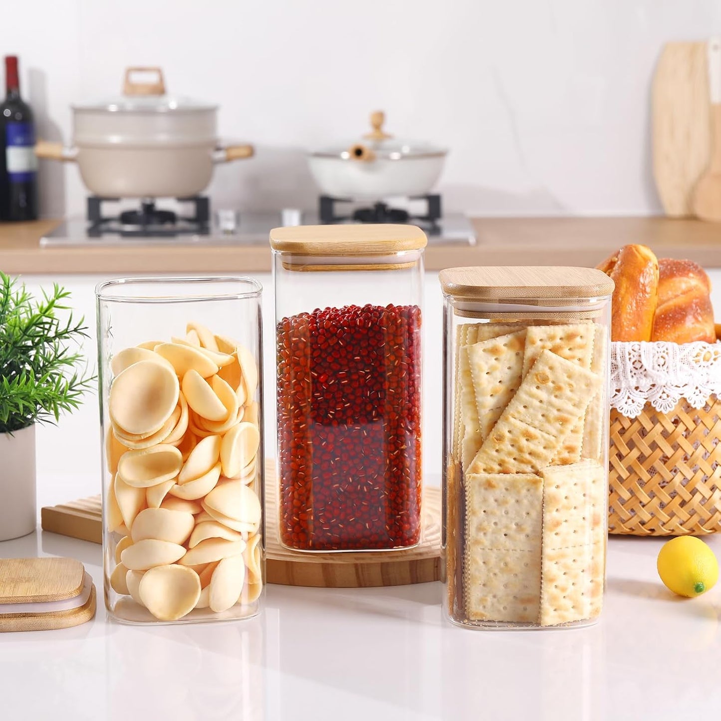 Glass Food Storage Jars with Lids(50oz)Square Set of 3 ,Glass Storage Containers Clear Glass Food Canister with Bamboo Lid Airtight For Serving Tea, Coffee Beans, Flour,Cookie, Cereal,Spice and More