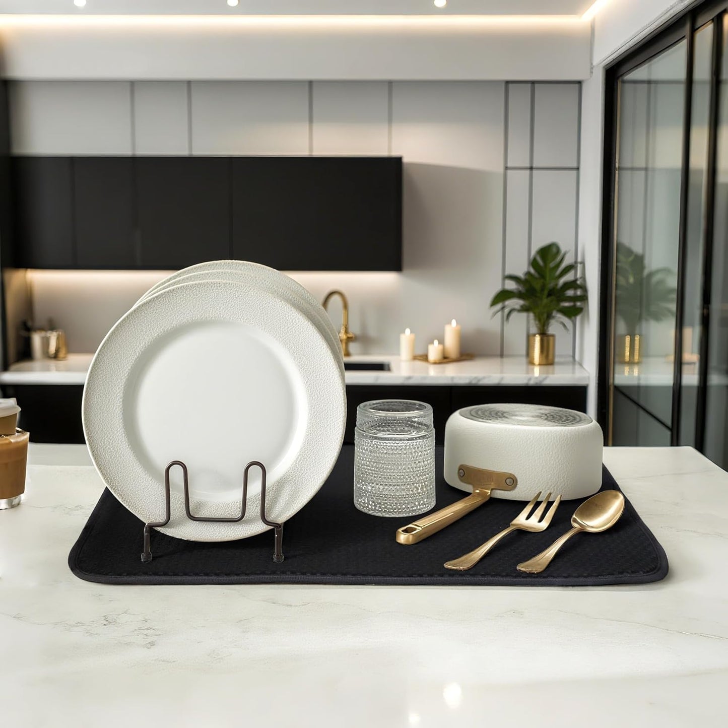 2-Pack Black Dish Drying Mats 20" x 15" – XL Dish Drying Mats for Kitchen Counter, Kitchen Dish Drying Mat, Microfiber Dish Drying Mat, Foldable Drying Mat for Dishes, Pots, Pans (Black)