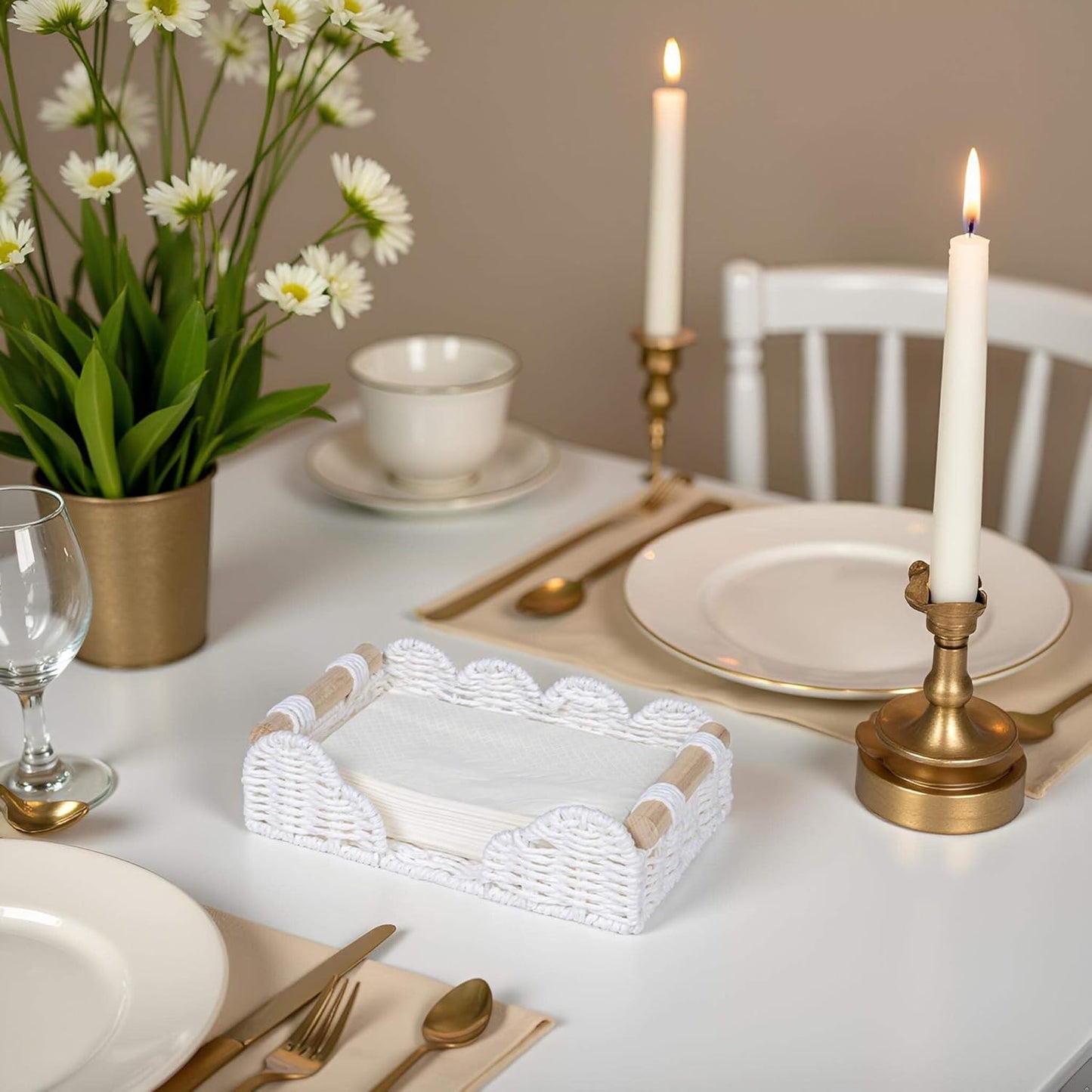 CubesLand Scalloped Napkin Holder for Bathroom Decor, Paper Rope Flat Napkin Dispenser Guest Towel Tray for Bathroom, Farmhouse Warm Napkin Holder for Table Dining Room Home Kitchen Decor, White