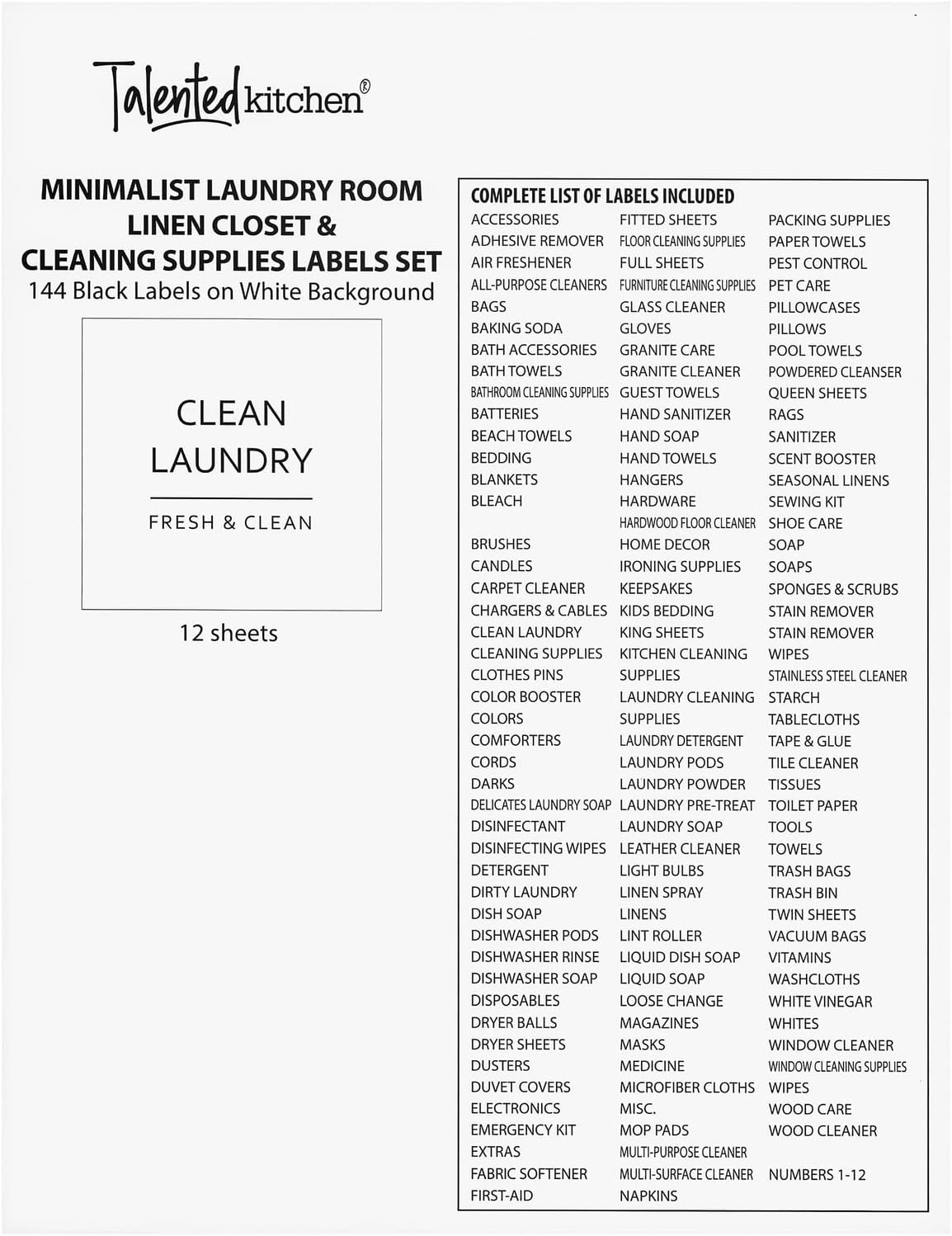 Talented Kitchen 144 Minimalist Laundry Room Labels - Preprinted Laundry Room Organization Stickers for Glass Jars, Containers, Spray Bottles (Black Print on White Matte Backing)
