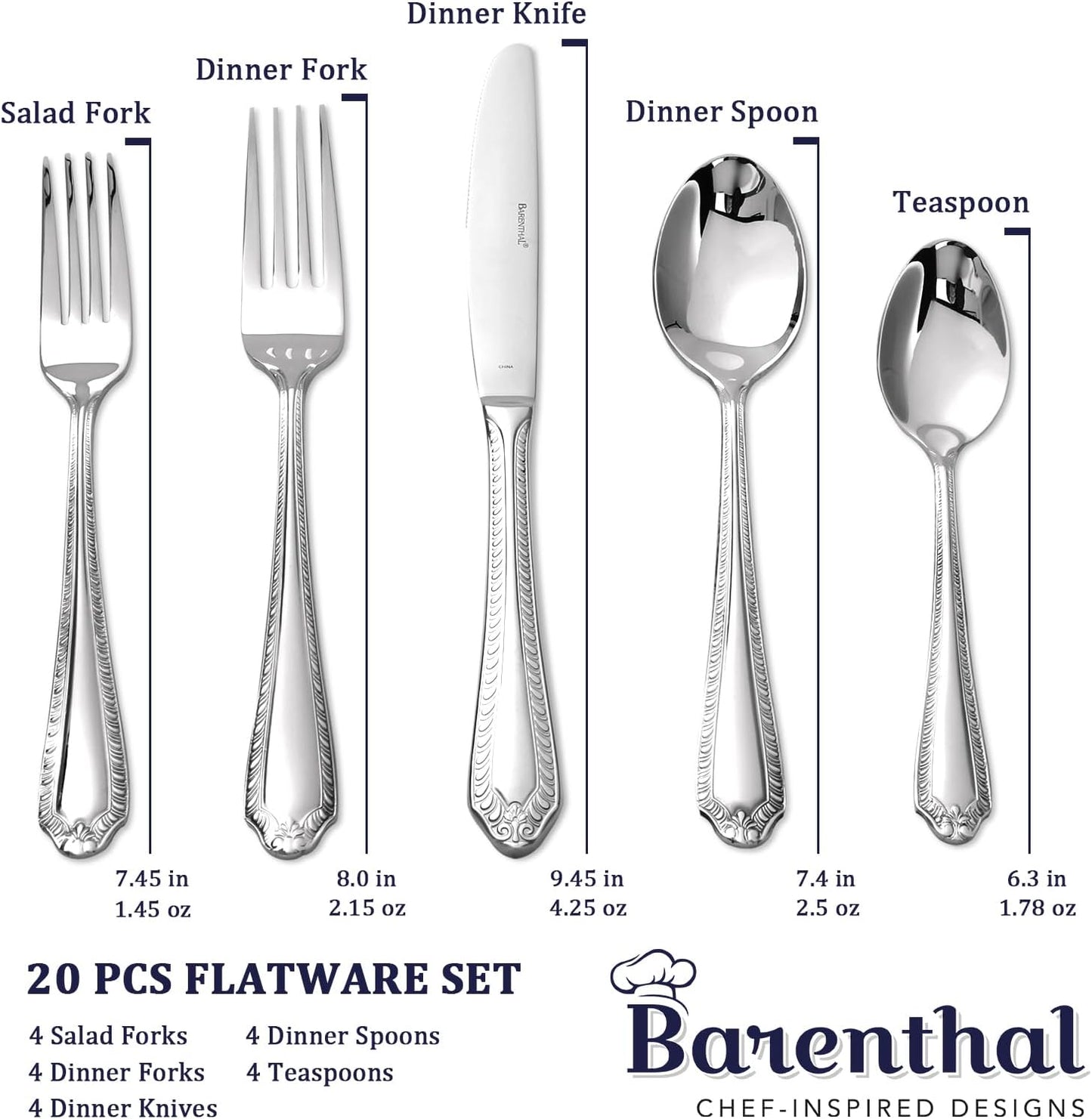 Heavy Duty Silverware Set for 4, Barenthal 20 PCS Luxury Retro Flatware Set Mirror Finish Dishwasher Safe, 18/10 Stainless Steel Silverware Flatware Sets for Home Restaurant Party Christmas Gift