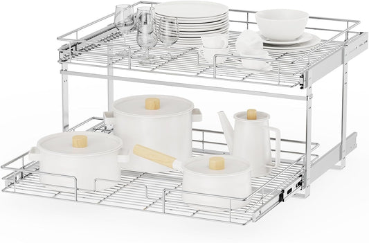 ROOMTEC Individual Pull Out Cabinet Organizer (25½"W x 21½"D), 2 Tier Spice Rack Organizer for Cabinet, Slide Out Drawer Pantry Shelf Organization and Storage for Kitchen Bathroom