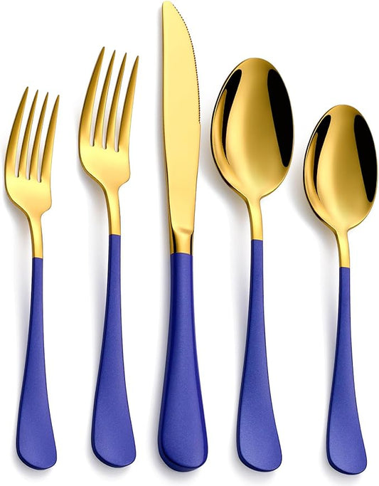 20-Piece Blue & Gold Silverware Set, 18/0 Stainless Steel Colorful Handle Flatware Set,Service for 4,Modern Cutlery Set Includes Dinner Knives Forks Spoons,Mirror Polished,Dishwasher Safe