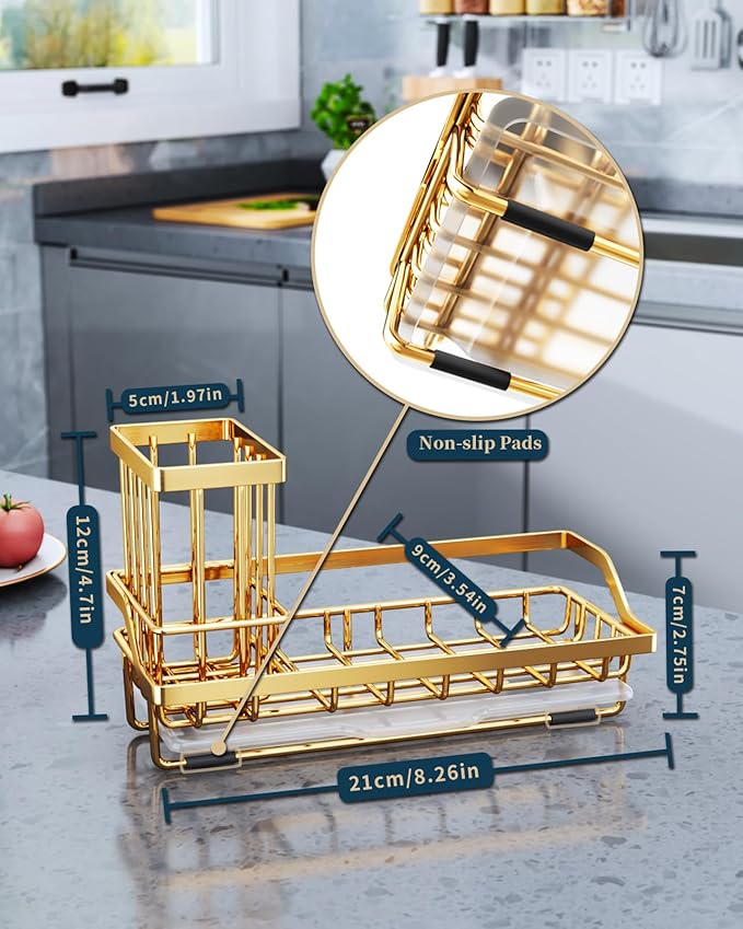 Consumest Sink Caddy, Kitchen Sponge Holder with Dish Brush Holder, Kitchen Sink Organizer with Drip Tray for Countertop, Stainless Steel Rustproof - Gold