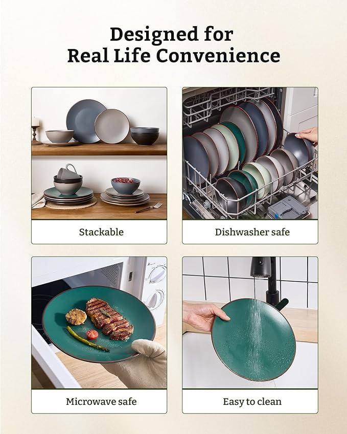 Famiware Venus Plates and Bowls Sets, 12 Pieces Stoneware Speckled Dinnerware Sets, Dishes Set for 4, Microwave and Dishwasher Safe, Matte Dark Green