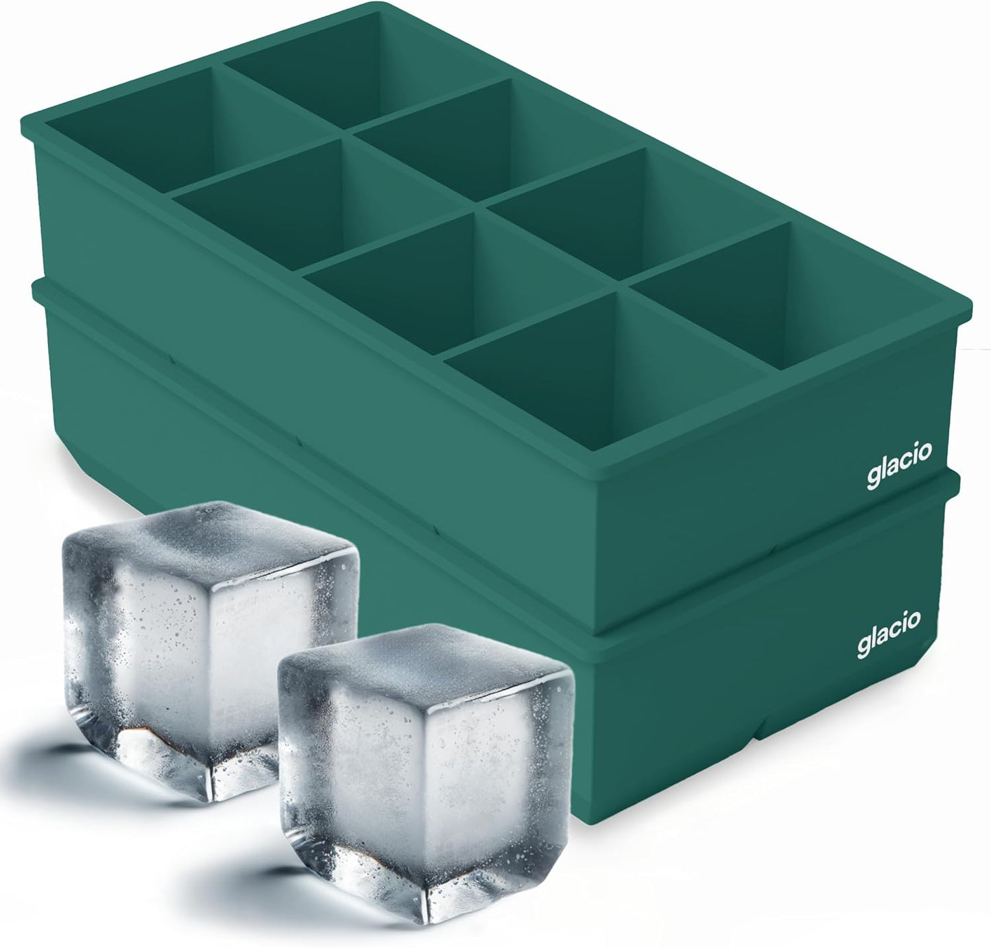 glacio Ice Cube Molds – 2-Pack Silicone Trays for 8 Large Square Cubes – Slow-Melt Ice for Whiskey, Cocktails, Coffee & More