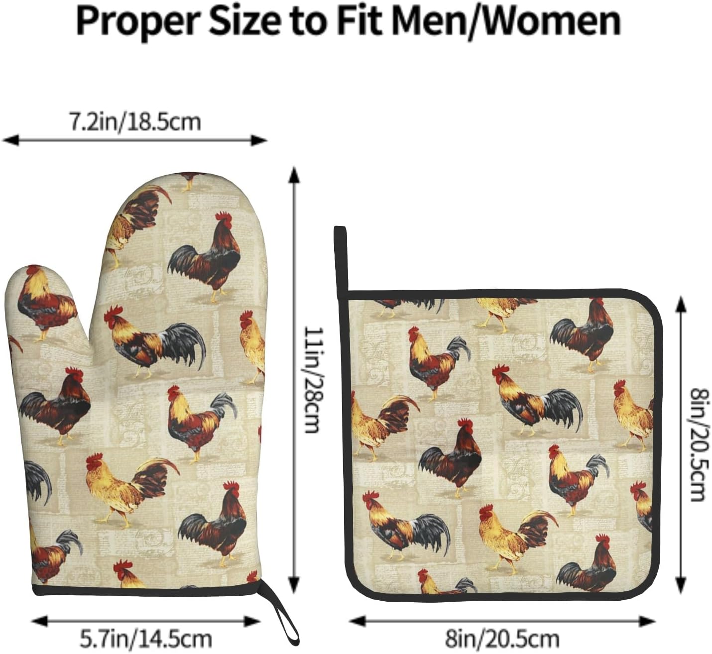 Rustic Rooster Oven Mitts and Pot Holder Set of 2 Farm Animal Print Heat Resistant Gloves Hot Pads for Kitchen Grilling Baking Cooking BBQ