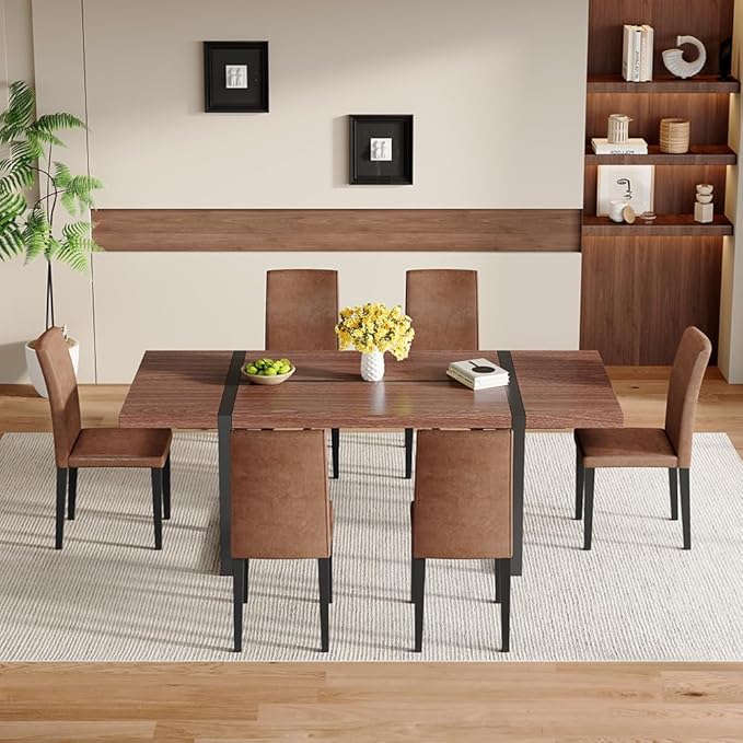 86.6" Dining Table Set for 6, Modern 7 Piece Wood Kitchen Table and Chairs Set, Rectangle Dining Room Table with 6 PU Leather Upholstered Chairs, Ideal for Apartment, Kitchen, Dining Room