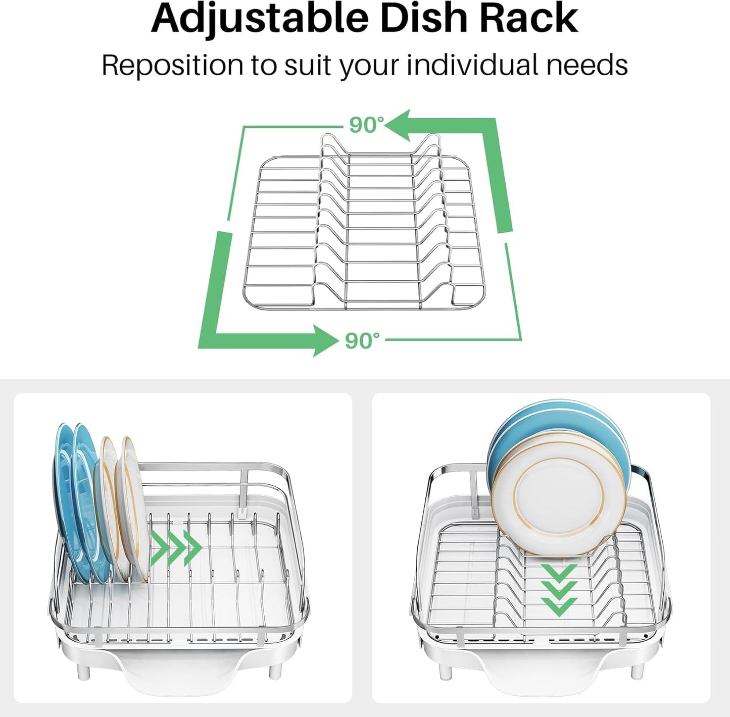 SNTD Dish Drying Rack, Expandable Dish Rack for Kitchen Counter, Stainless Steel Dish Drainer with Drainboard Set and Utensil Holder (White)
