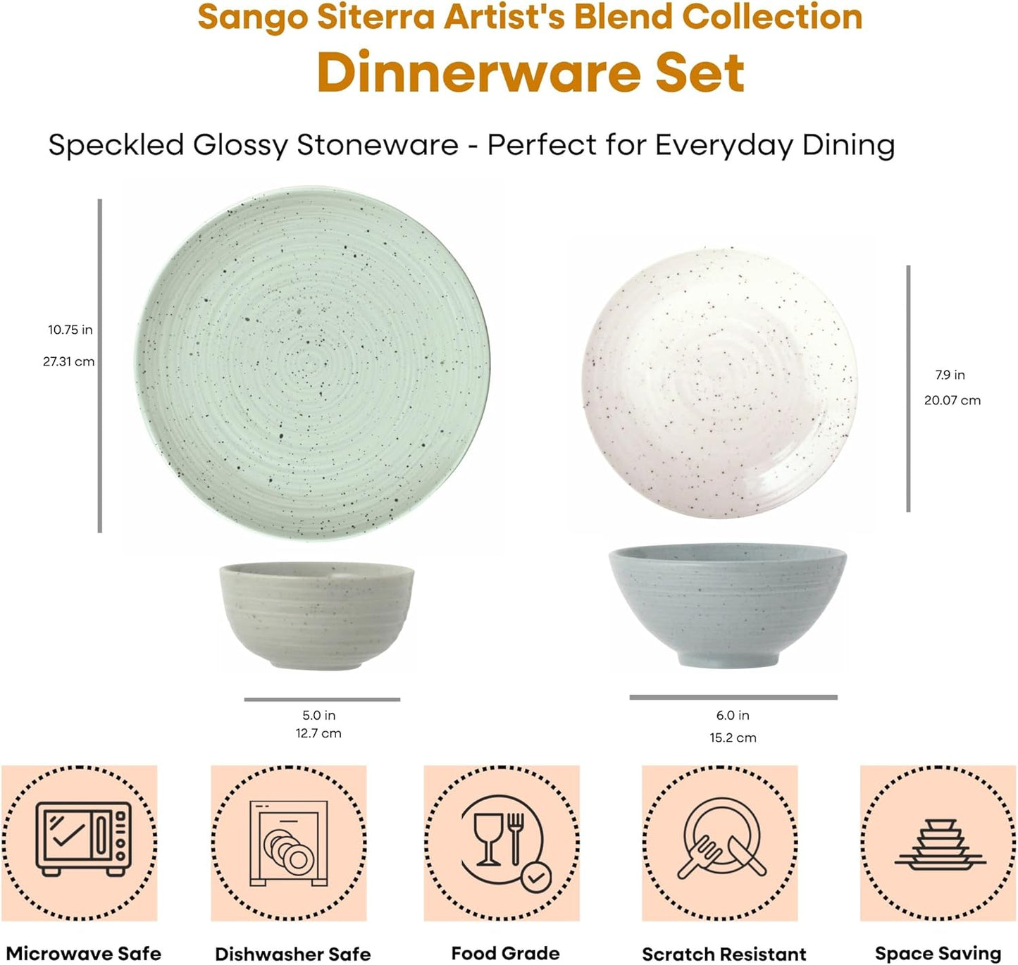 Sango Siterra Artist's Blend 16-Piece Stoneware Dinnerware Set – Service for 4, Mixed Glossy Finish with Unique Speckled Design, for Everyday Dining & Entertainment, Dishwasher & Microwave Safe