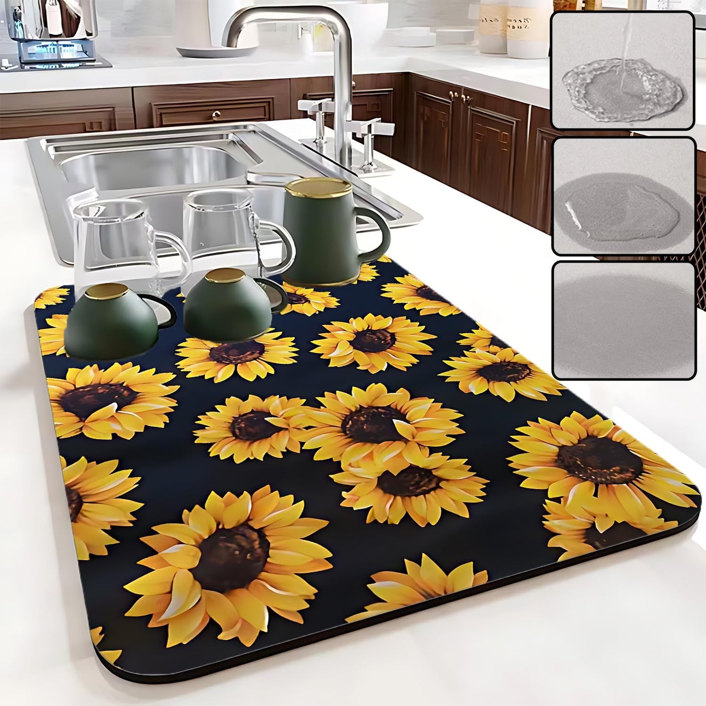 Dish Drying Mat Foldable Fall Kitchen Drying Mat Absorbent Sink Mat Multi-Purpose Coffee Pad Easy To Clean,Kitchen Gadgets,sunflower decor(sunflower) (17inches*24inches)