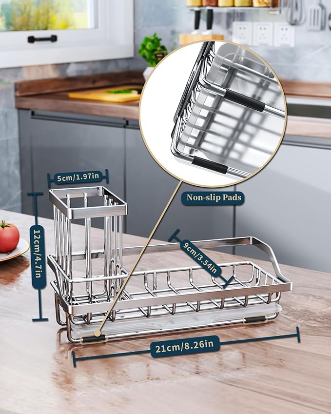 Consumest Sink Caddy, Kitchen Sponge Holder with Dish Brush Holder, Kitchen Organizer with Drip Tray for Countertop, Stainless Steel Rustproof - Silver