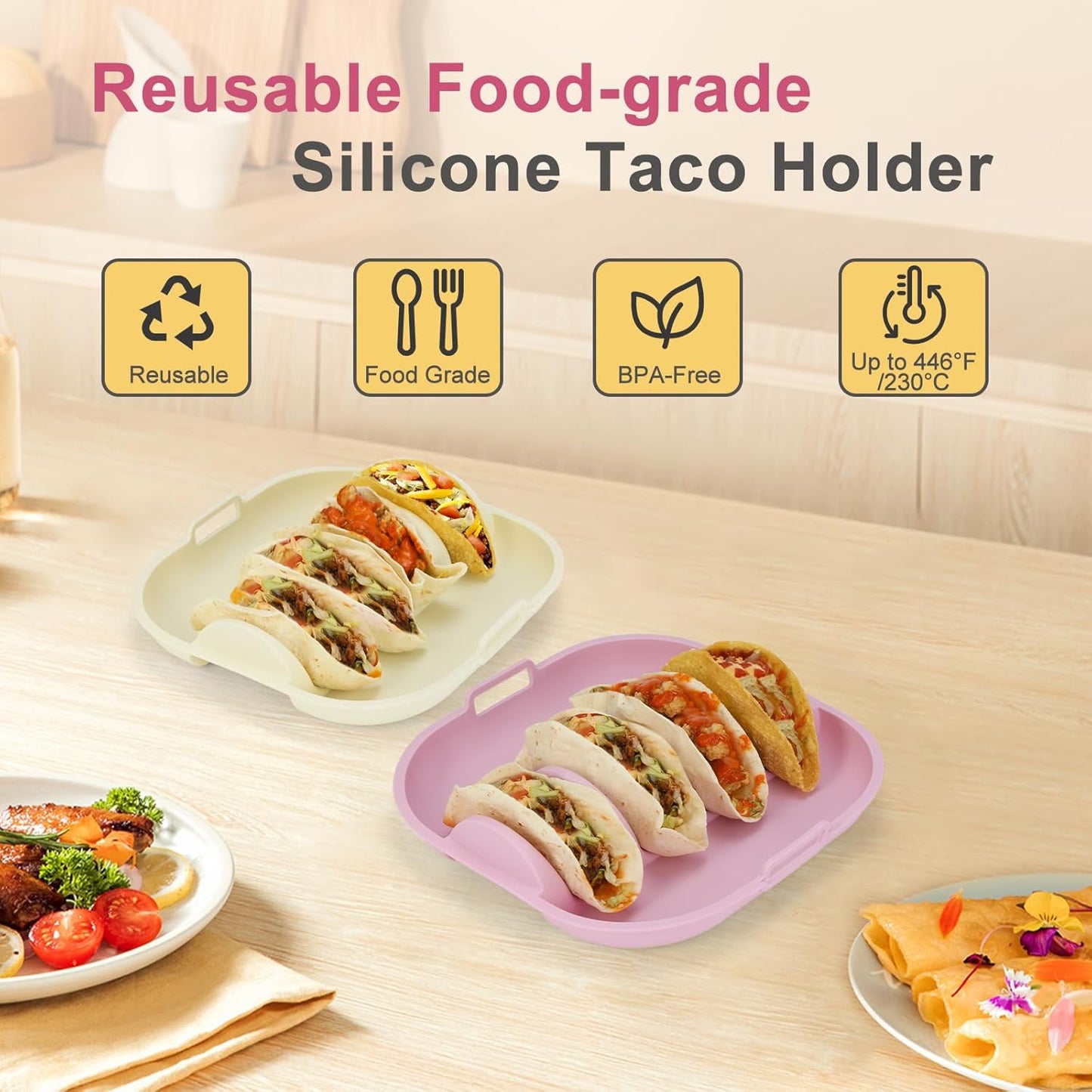 Silicone Taco Holder 2 Pack,10.2in Upgrade Reusable Taco Plates with Dividers,Fiesta Tacos Holder Tray.Taco Serving Plates, Dishwasher & Microwave Safe(2, WHITE+PINK)