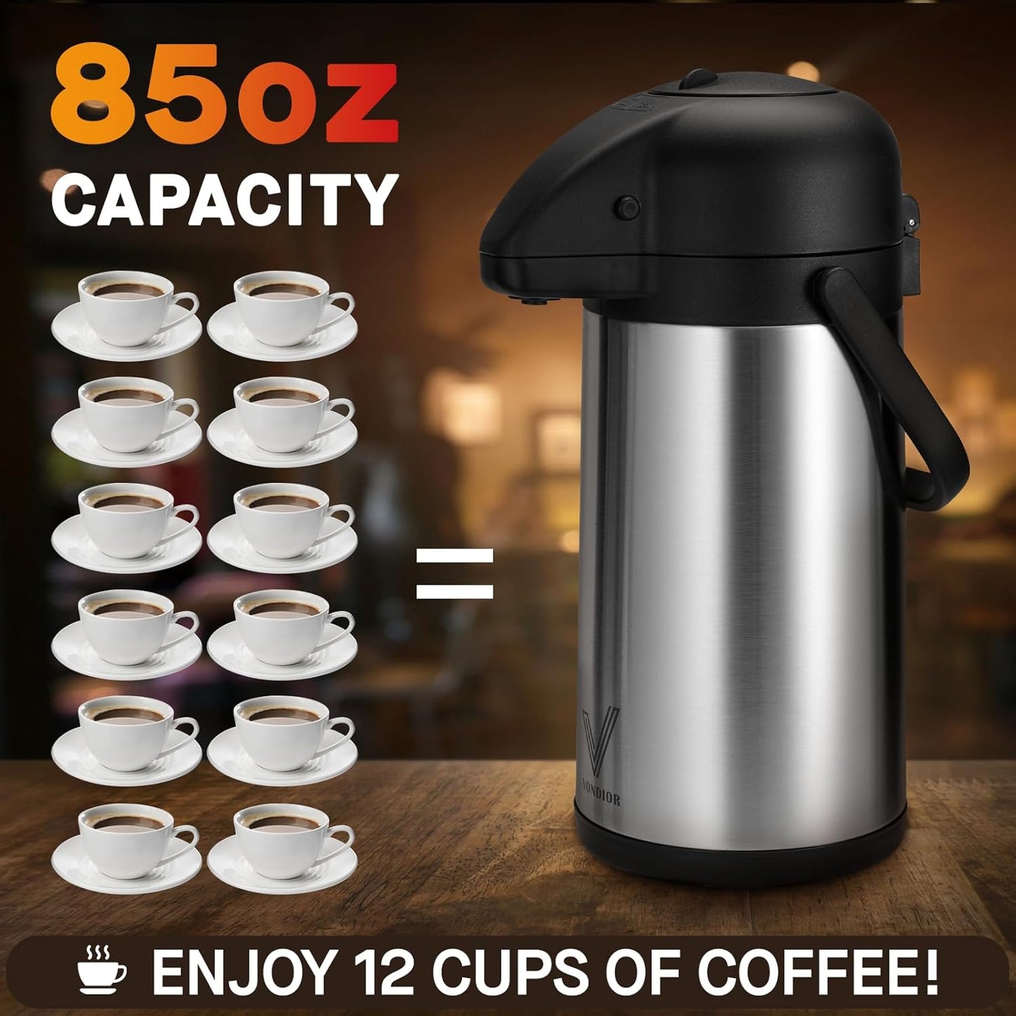 85 oz (2.5L) Coffee Carafe with Pump, 2Pcs Insulated Stainless Steel Coffee Dispenser, Coffee Carafes for Keeping Hot/Cold, Hot Beverage Dispenser for Party