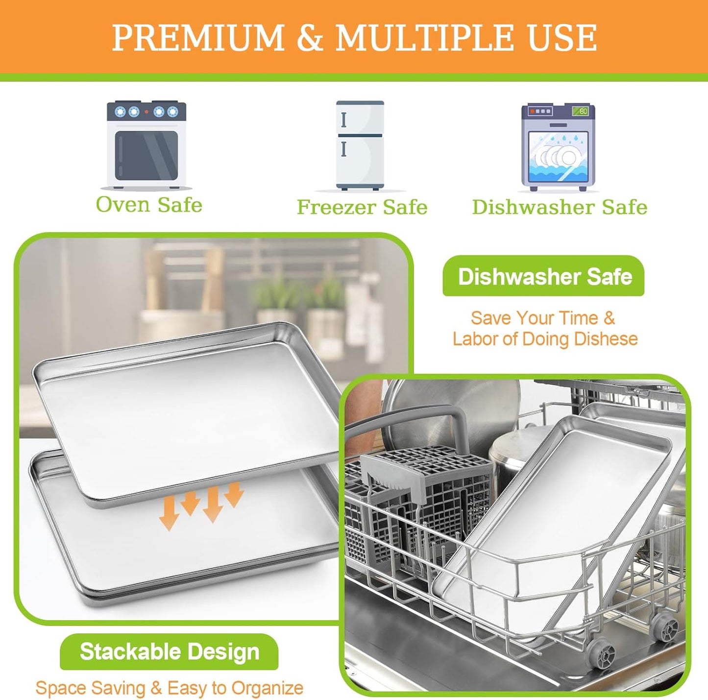 Baking Sheet Set of 2 - CEKEE Stainless Steel Cookie Sheet Baking Pan, Size 10 x 8 x 1 inch, Non Toxic & Heavy Duty & Mirror Finish & Rust Free & Easy Clean