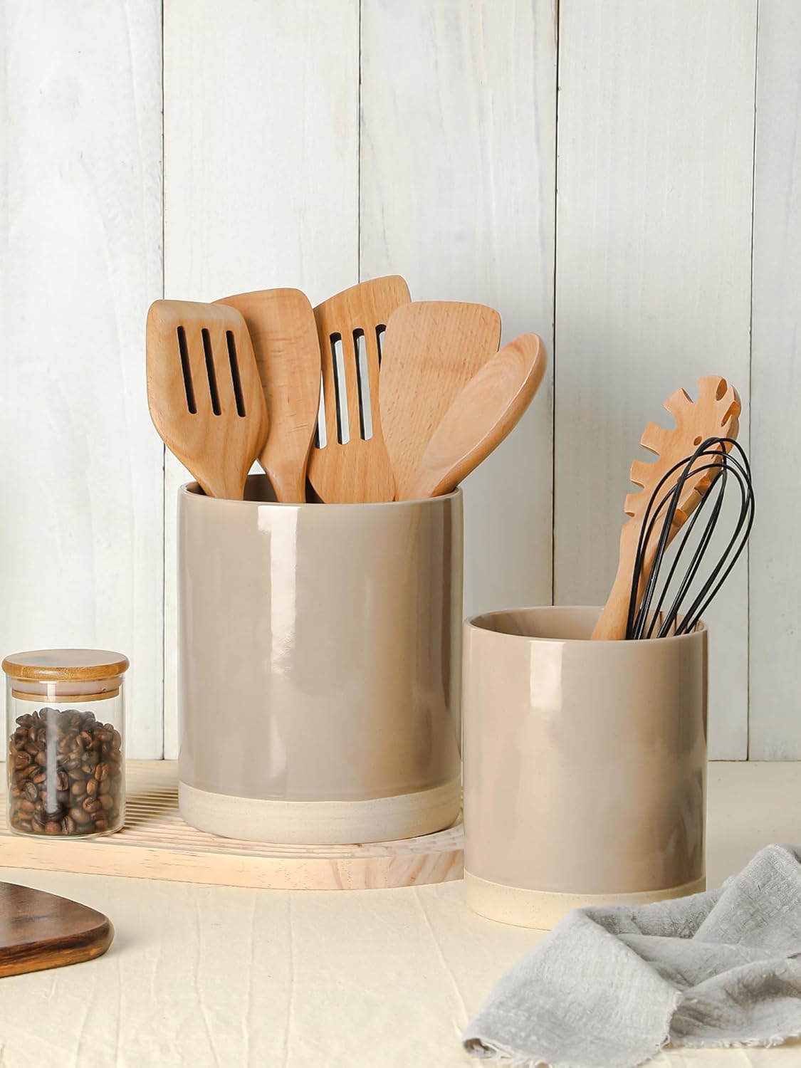 famiware Milkyway Kitchen Utensil Holder for Countertop, 7.2"+5.8" Ceramic Cooking Utensil Crocks for Counter, Utensil Organizer for Spatula & Spoon, Kitchen Decor, Set of 2, Cinnamon Brown