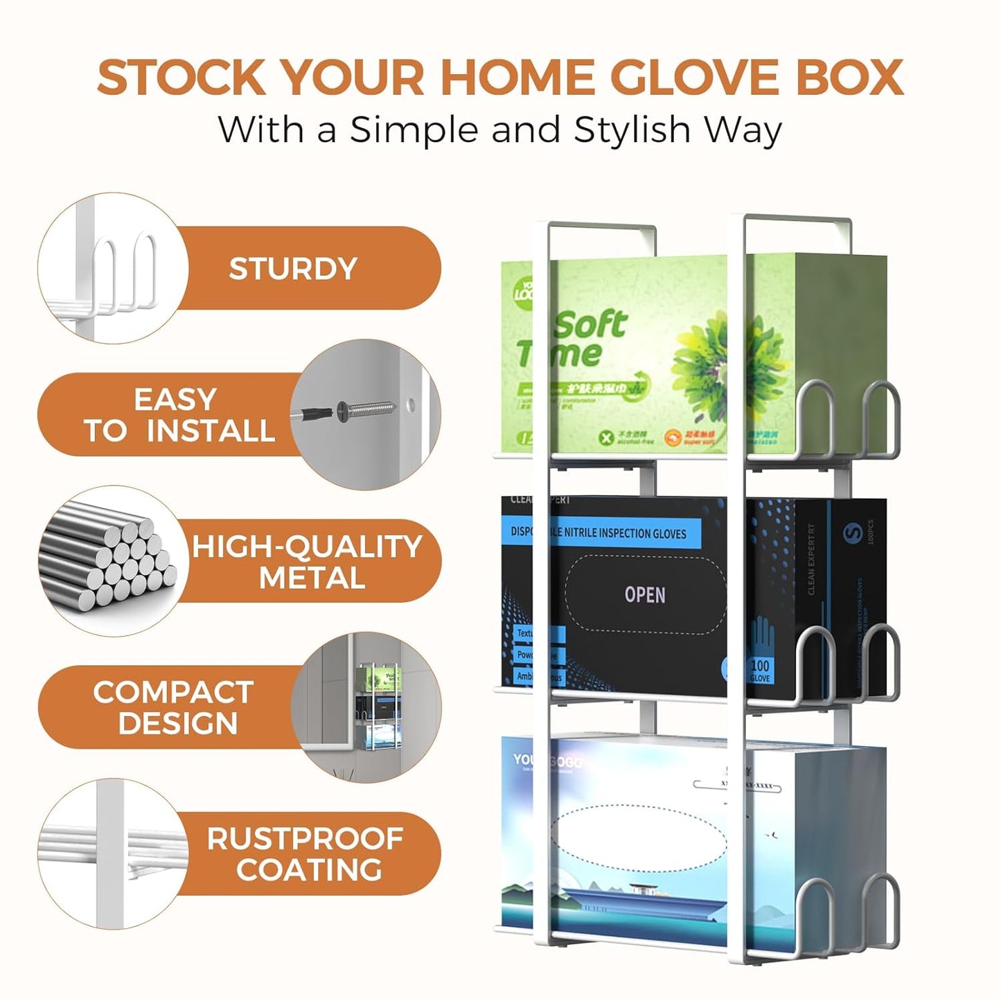 Glove Holder Dispenser for Wall Mount, White Metal Disposable Latex Gloves Holder for Lab, Wall-Mounted Rubber Box Holder, Tissue Rack for Kitchen and Garage