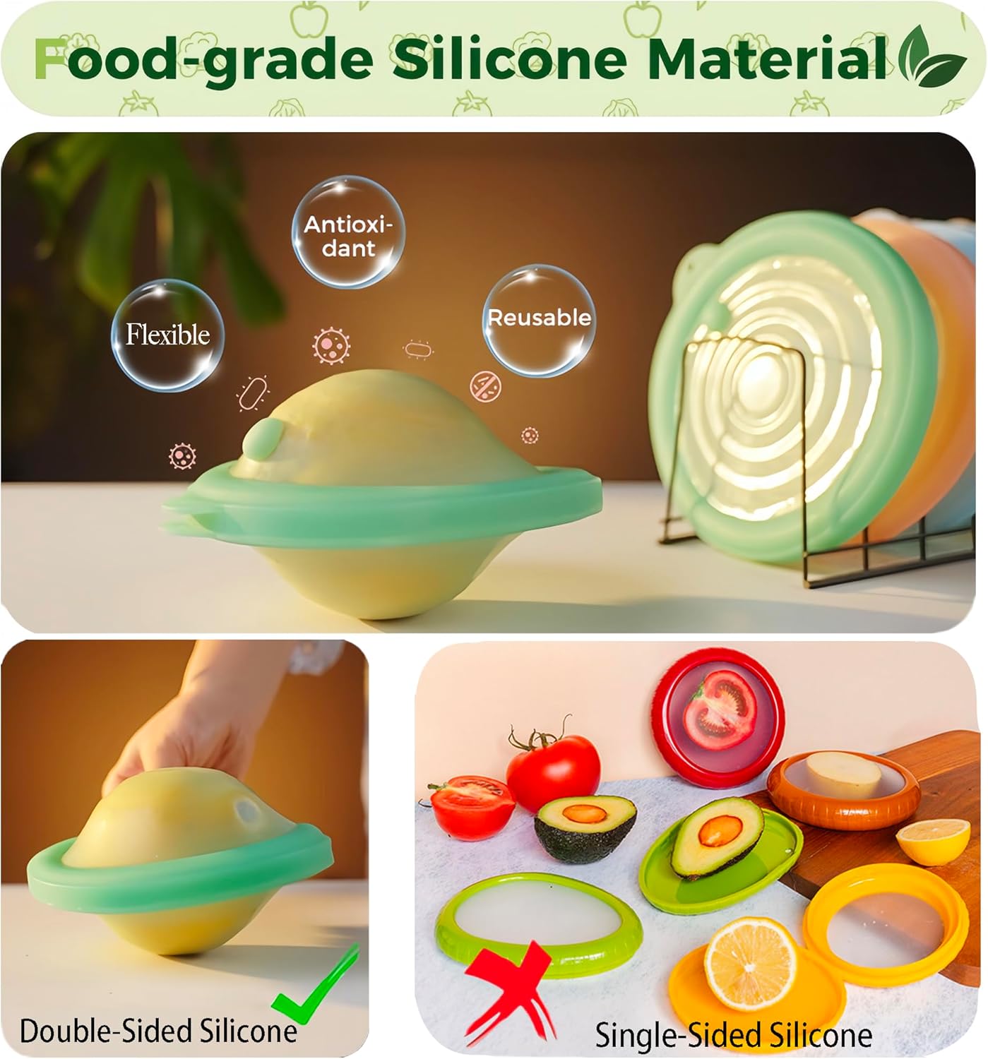 Silicone Reusable Vacuum-Seal Storage Containers for Fridge,Fresh Fruit,Vegetables,Garlic,Onions,Lemons,Potatoes,Meat,for Microwave Oven Heating,Freezer,Dishwasher,Avocado Saver,Tomato Holder,2 Pack