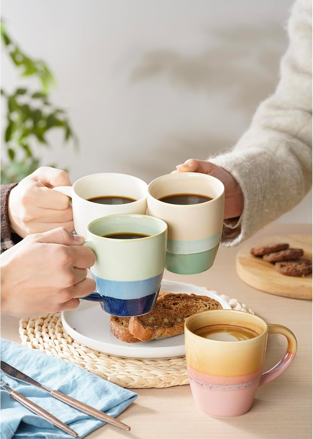 Large Ceramic Coffee Mugs Set of 4, 12oz Porcelain Coffee Cups with Big Handle, Unique Cups for Latte, Hot Tea, Cappuccino, Mocha, Cocoa, Housewarming & Wedding Gift