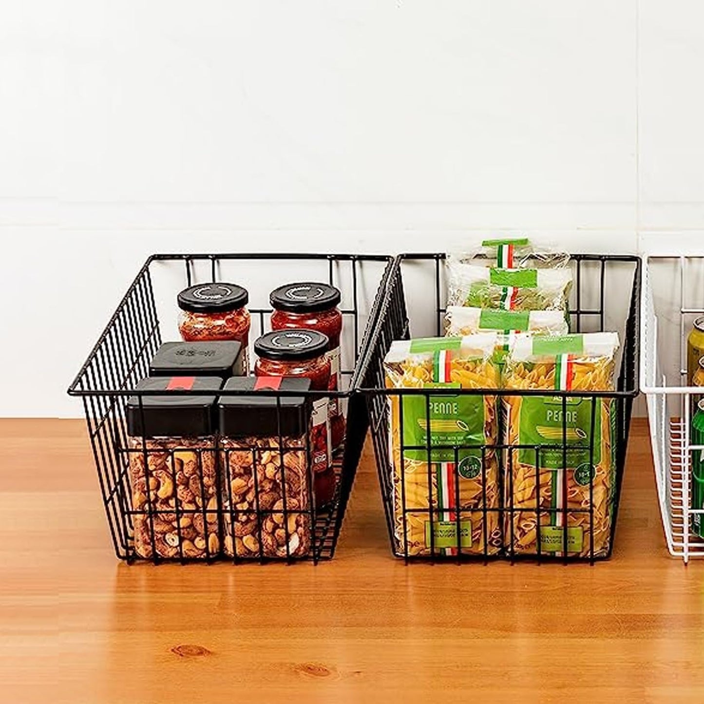 Redrubbit Wire Storage Baskets, Large Farmhouse Metal Freezer Basket Storage Organizer Bins with Handles for Kitchen Cabinets, Pantry, Closets, Bedrooms, Bathrooms, Set of 4, Black