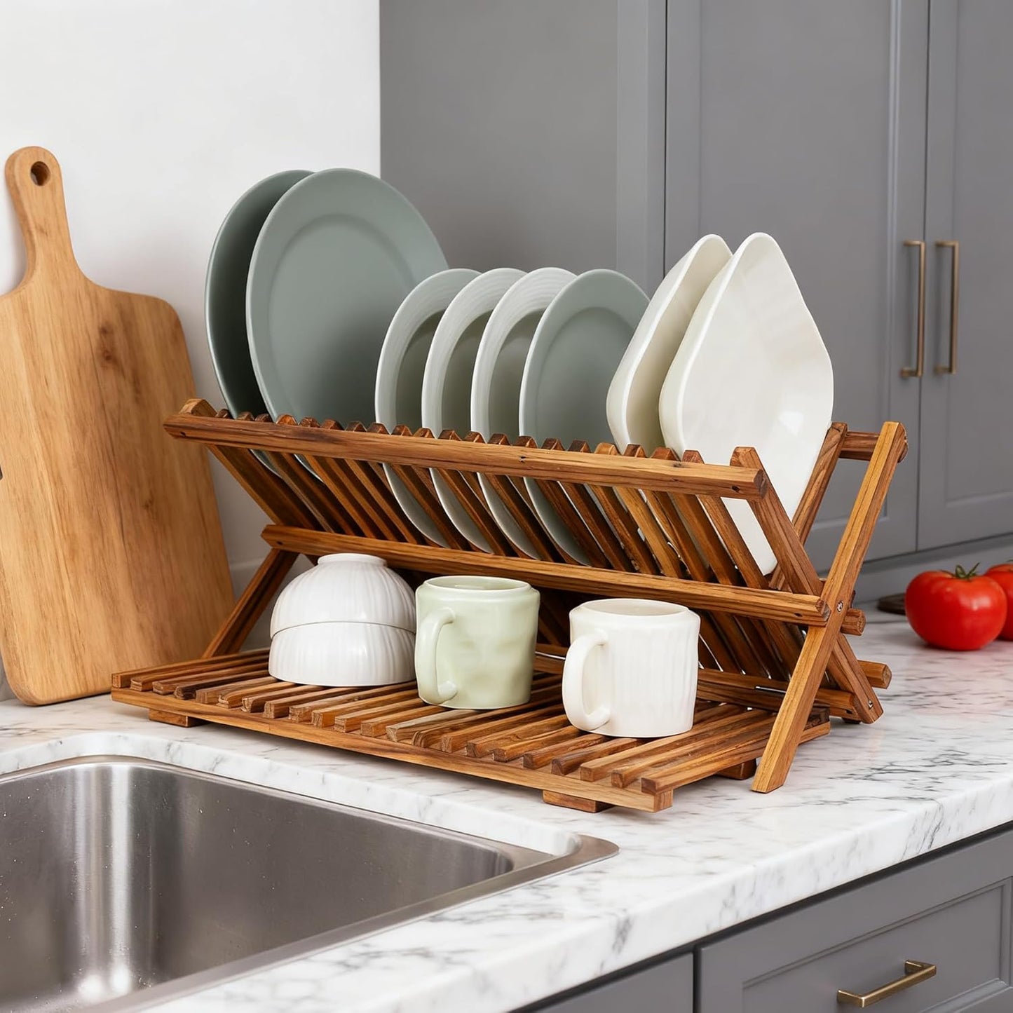 Utoplike Large Teak Dish Drying Rack, Wooden 3 Tier Collapsible Dish Draine for Countertop, Kitchen Organizer for Pasta Plates, Cups