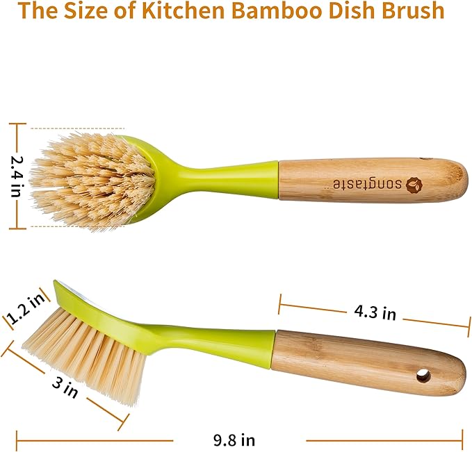 2 Pack Kitchen Dish Brush Bamboo Handle Dish Scrubber Built-in Scraper, Scrub Brush for Pans, Pots, Kitchen Sink Cleaning, Dishwashing and Cleaning Brushes are Perfect Cleaning Tools, Color-Green
