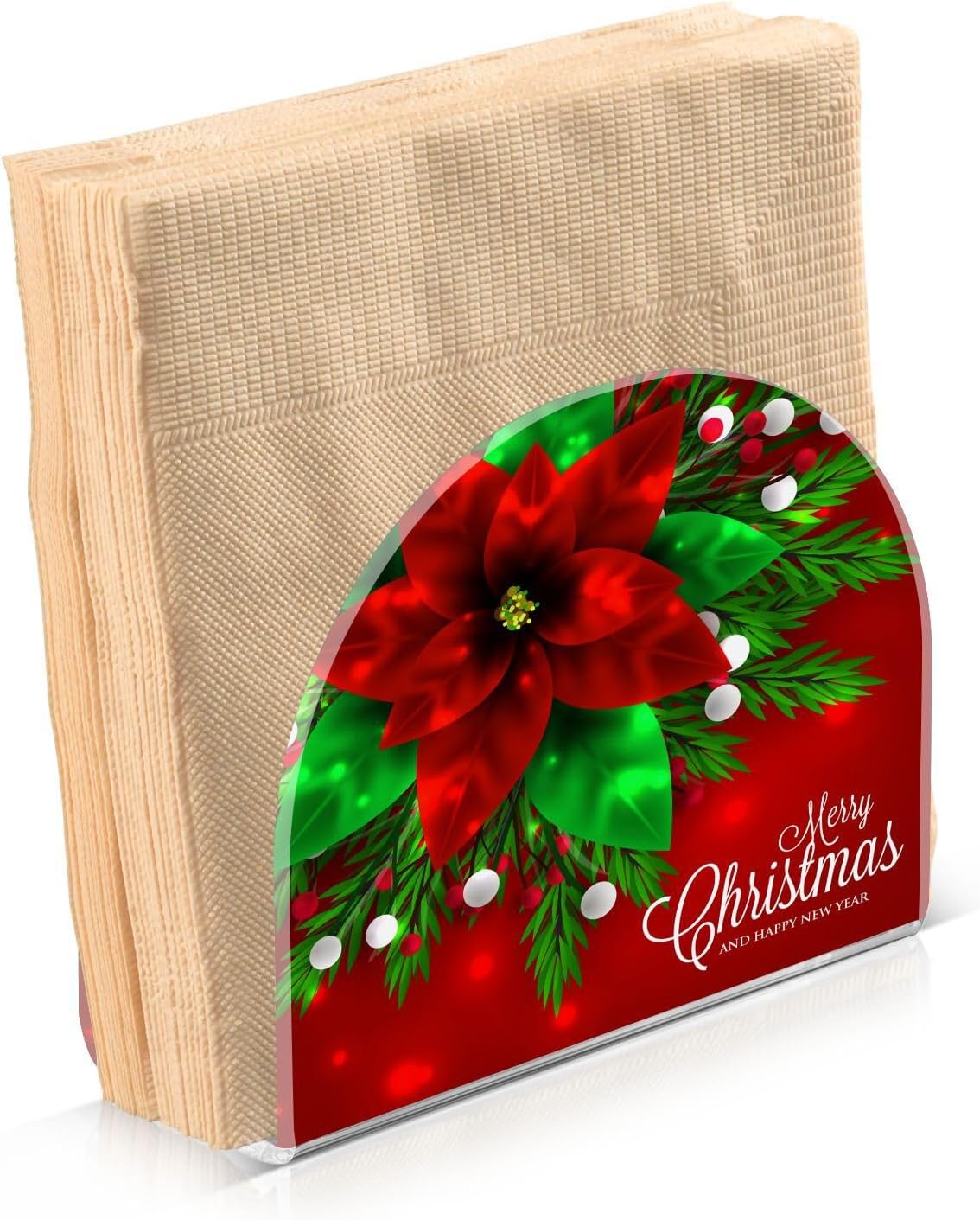 Christmas Red Poinsettia Berry Napkin Holder for Table Paper Napkins Holder Acrylic Tissue Dispenser Kitchen Dining Room Bathroom Party Car Decor