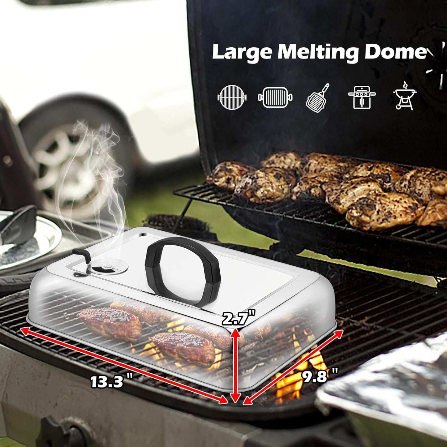 Rectangular Melting Dome 2Pcs, HaSteeL 13.3 X 9.8In Stainless Steel Bating Steaming Cover, Heavy Duty Solid Griddle Lid & Grill Pot with Air Damper, for Flat Top Hibachi Cooking, Dishwasher Safe