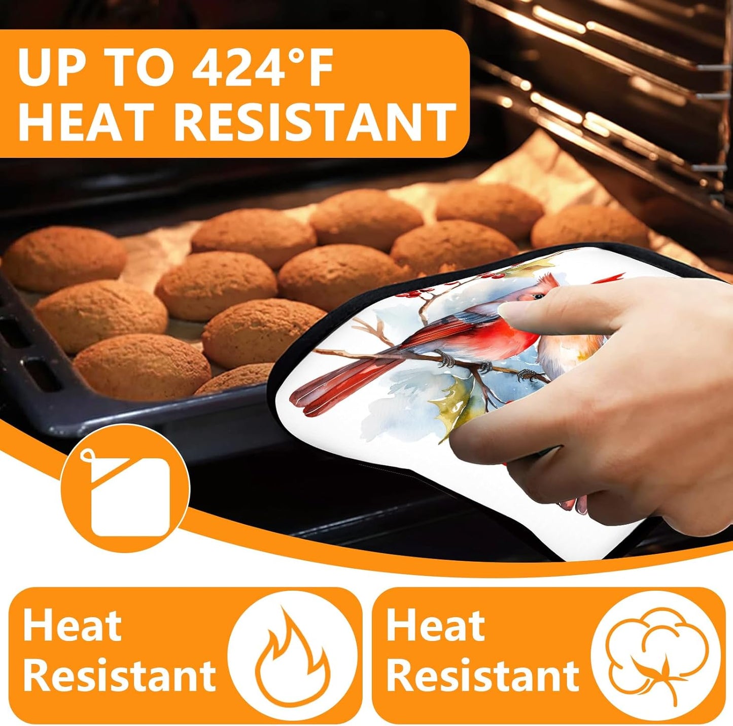 Red Cardinal Birds Oven Mitts and Pot Holders Sets 4Pcs,Extra Long Oven Gloves Potholder for Kitchen Cooking Baking BBQ 100% Cotton Heat Resistant