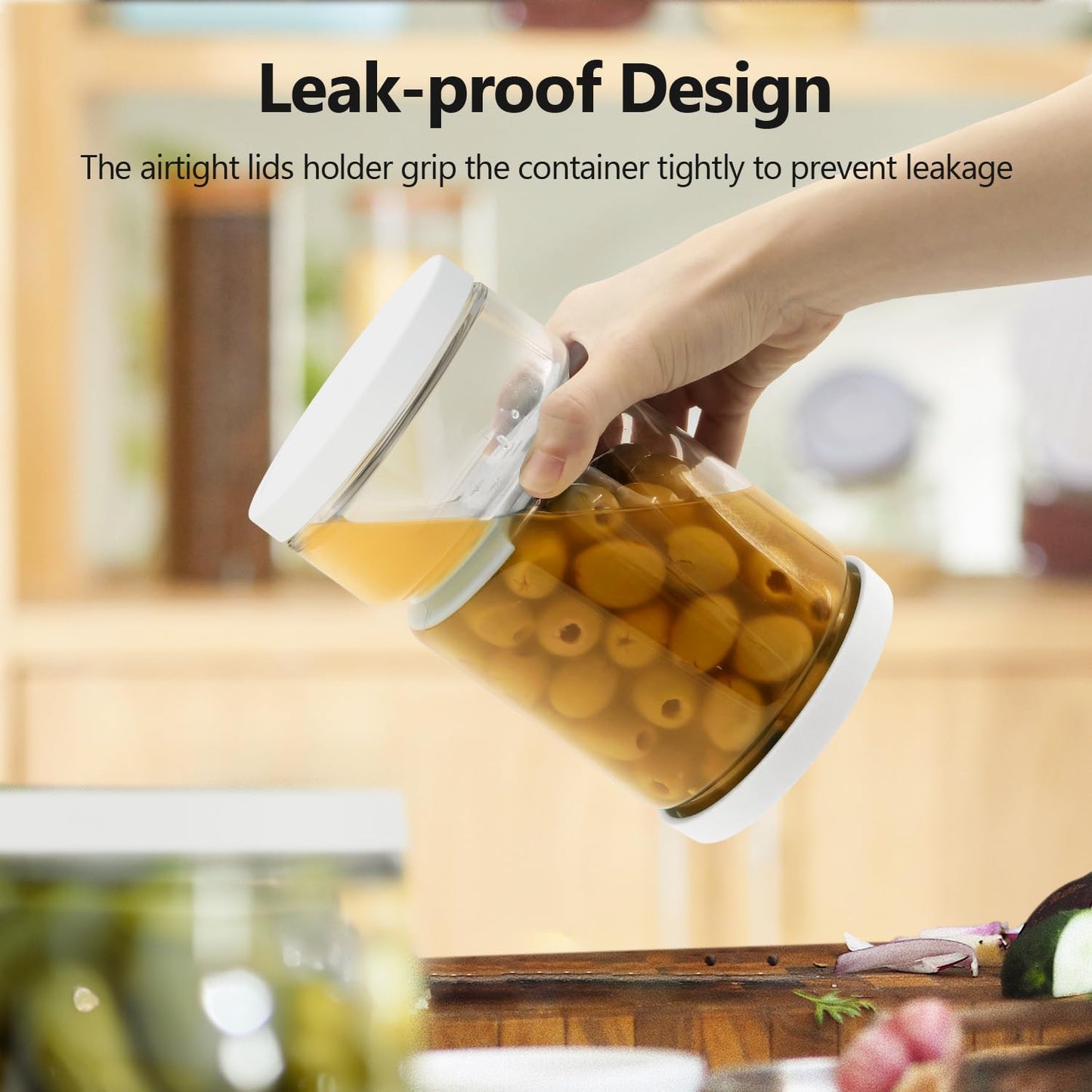 Glass Pickle Container with Strainer for Pickle Lover - 45OZ Leakproof Juice Separator Jar for Gherkin, Olive or Chilli, Dishwasher and Refrigerator Safe, BPA Free (White, 45 oz*2 pcs)