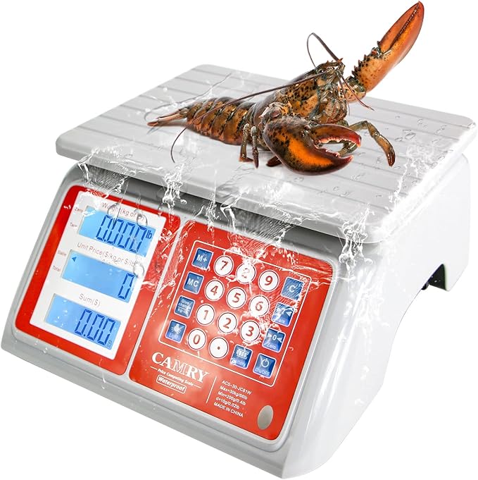 CAMRY Waterproof Commercial Food Scale IPX7 66lb / 30kg Digital Price Computing Meat Produce Weight Scale with White Backlight LCD for Farmers Market, Seafood, Rechargeable