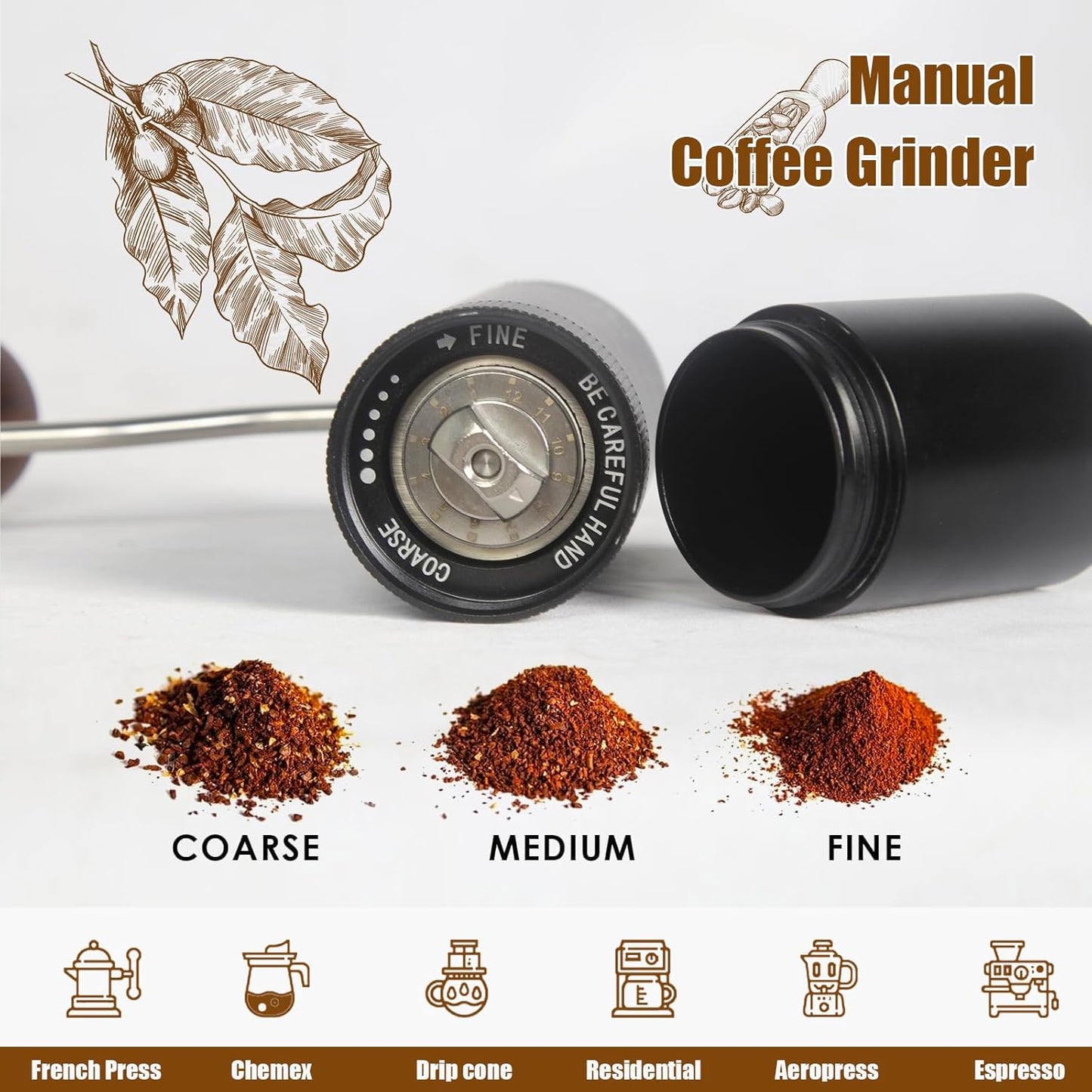 Manual Coffee Grinder - Precision CNC Stainless Steel Burr Grinder with Adjustable Settings, Black, Double Bearings for Smooth Grinding - Ideal for Home, Office, and Camping Espresso Enthusiasts BLACK