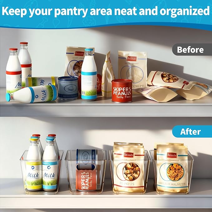 Clear Pantry Organizer Bins, Plastic Organizers & Storage Containers, Cabinet Organizer, Home Organization Must Haves for Kitchen, Laundry Room, Office, Closet & Freezer (4 Pack)