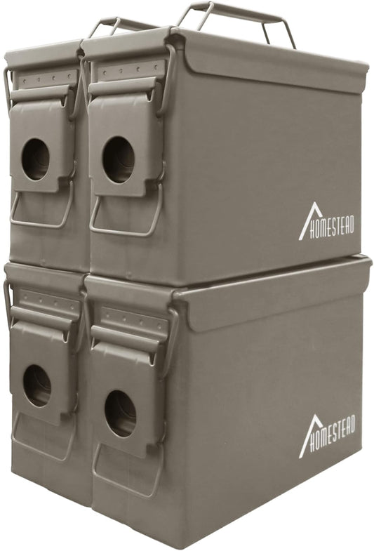 HOMESTEAD 30 Cal Metal Ammo Cans – 4 Pack M19A1 Military Steel Storage Boxes, Airtight & Water-Resistant Containers for Ammunition or Tools, Dark Brown