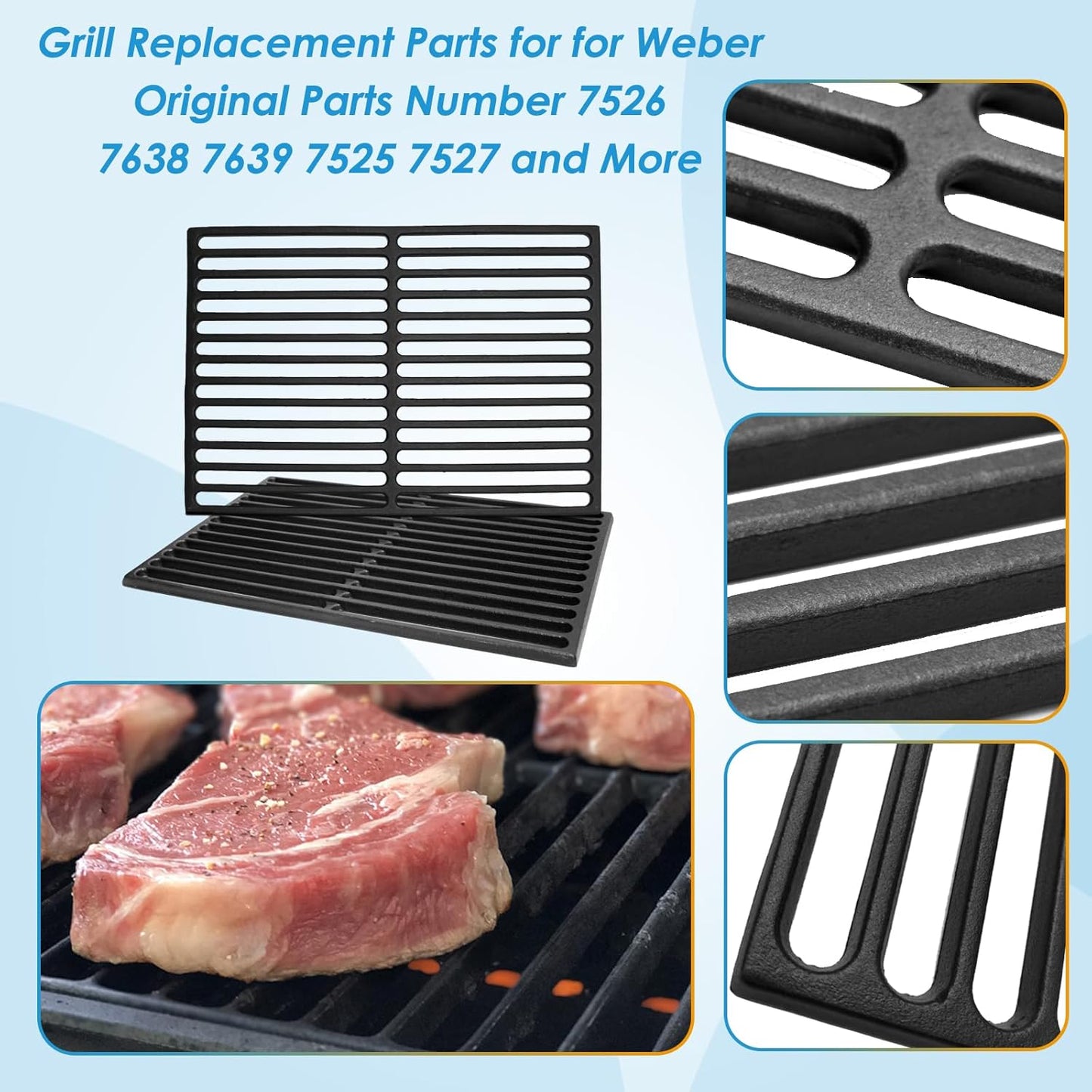 7526 7527 17.5" Grill Grates Replacement for Weber Spirit II 300 Series, for Weber Spirit 300 Grill Grates, Spirit 700, Genesis Silver/Gold/Platinum B/C, Genesis 1000-5000
