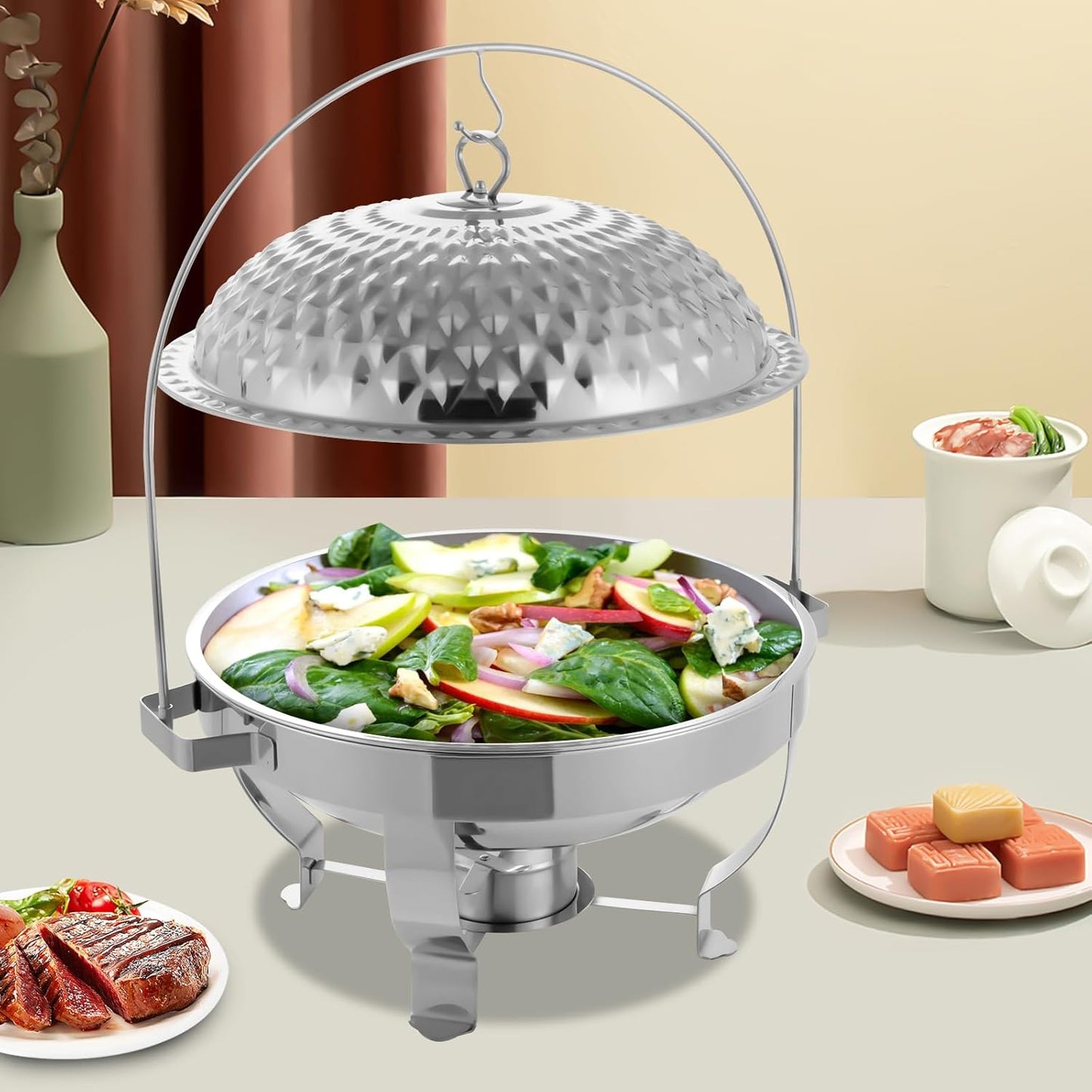 Chafing Dish Buffet Set, Stainless Steel Hanging Lid Dining Stove, Roll Top Chafing Dish Buffet Diamond-Shaped Lid and Round Stand for Buffet Restaurants and Banquets (Silver, 8L/8.5QT)