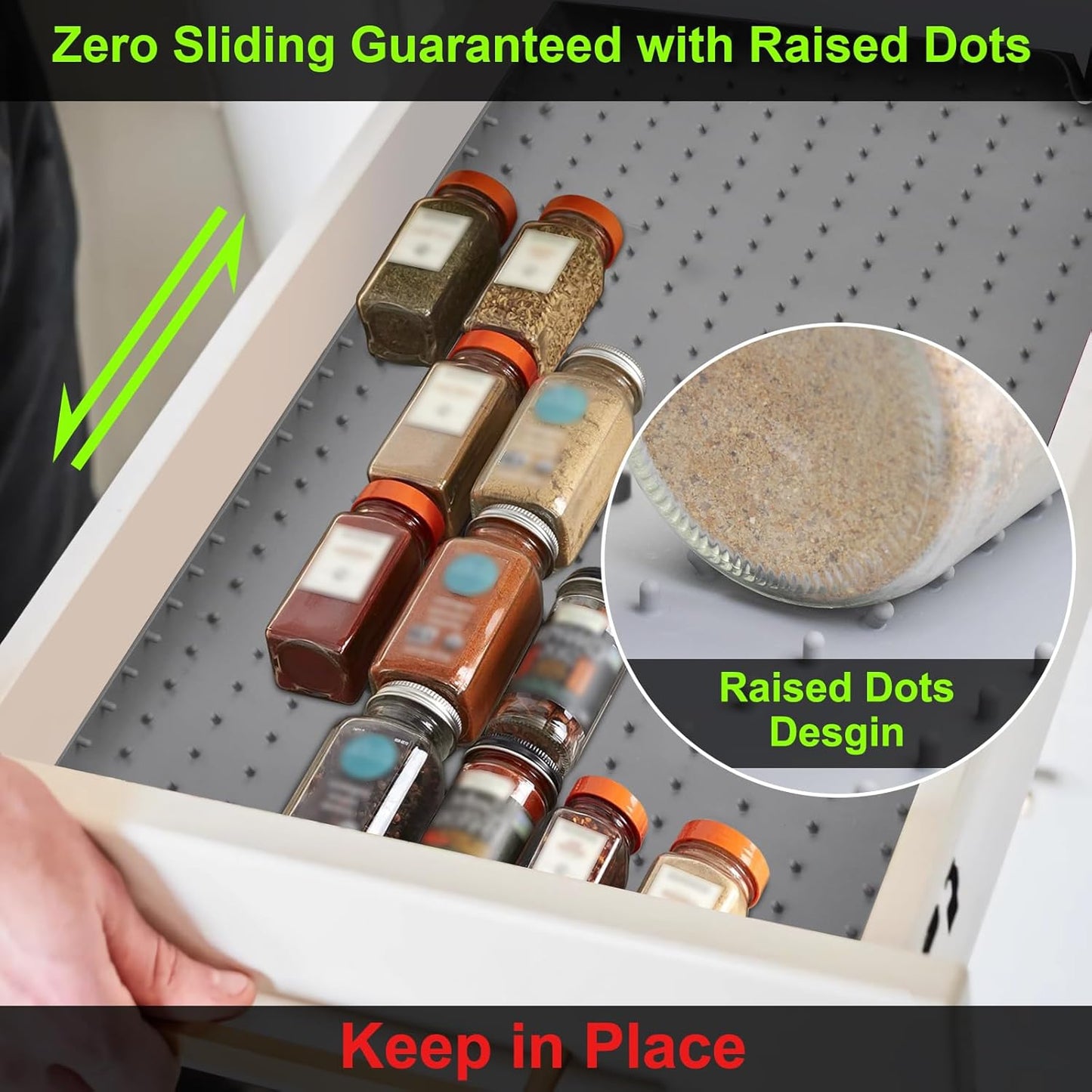 Spice Drawer Organizer insert, Adjustable & Non-Slip Silicone Spice Drawer Liner, in Drawer Spice Organizer for Seasoning Jars and Spices Bottles -Grey