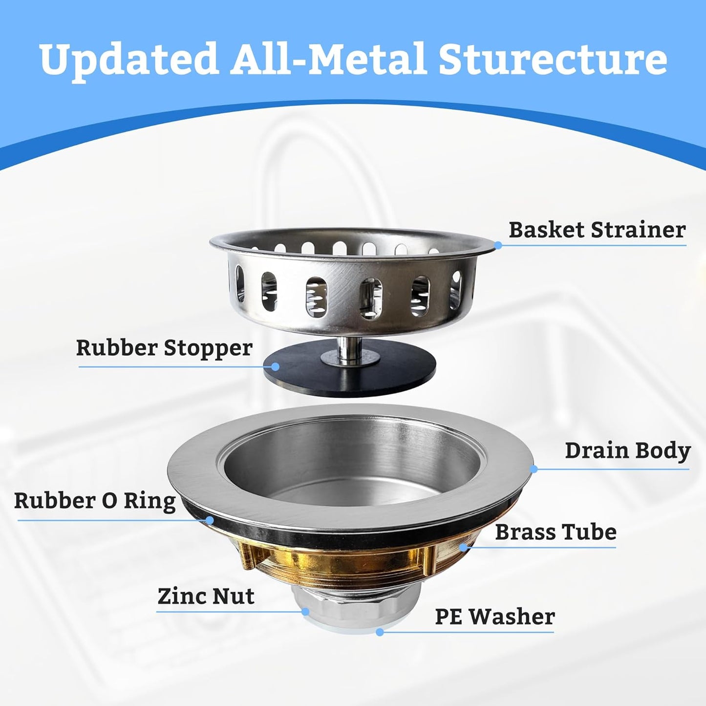 Metal World BS10101BN Post Style Sink Strainer, 3-1/2" Metal Kitchen Strainer, Cast Brass Body Basket Strainer, Strainer with Stainless Steel Basket, Brushed Nickel Finish 1 Pack