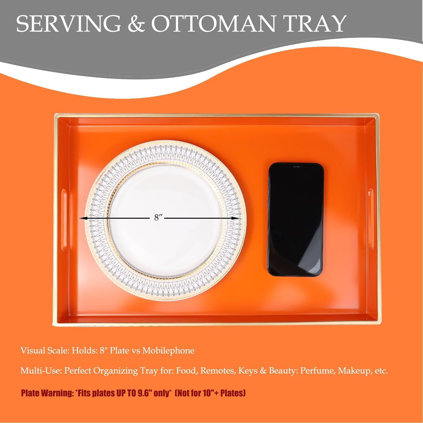 Spsyrine Orange Decorative Serving Tray with Handles, Elegant Plastic Coffee Table Tray for Ottoman, Living Room, Home Decor 15.6" X 10.2"