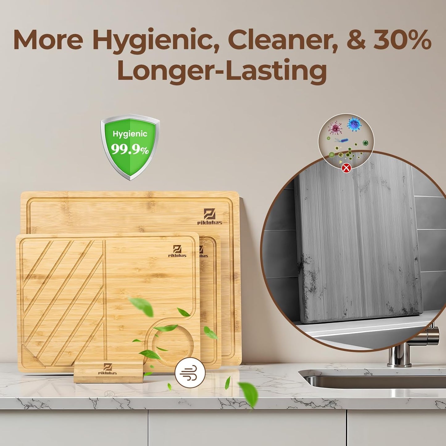 Bamboo Cutting Boards Large Set of 4 for Kitchen, Wood Charcuterie Chopping Board with Holder Non Slip, Steak Serving Tray with Juice Groove, Big Butcher Block for Cheese, Ideal for Gift