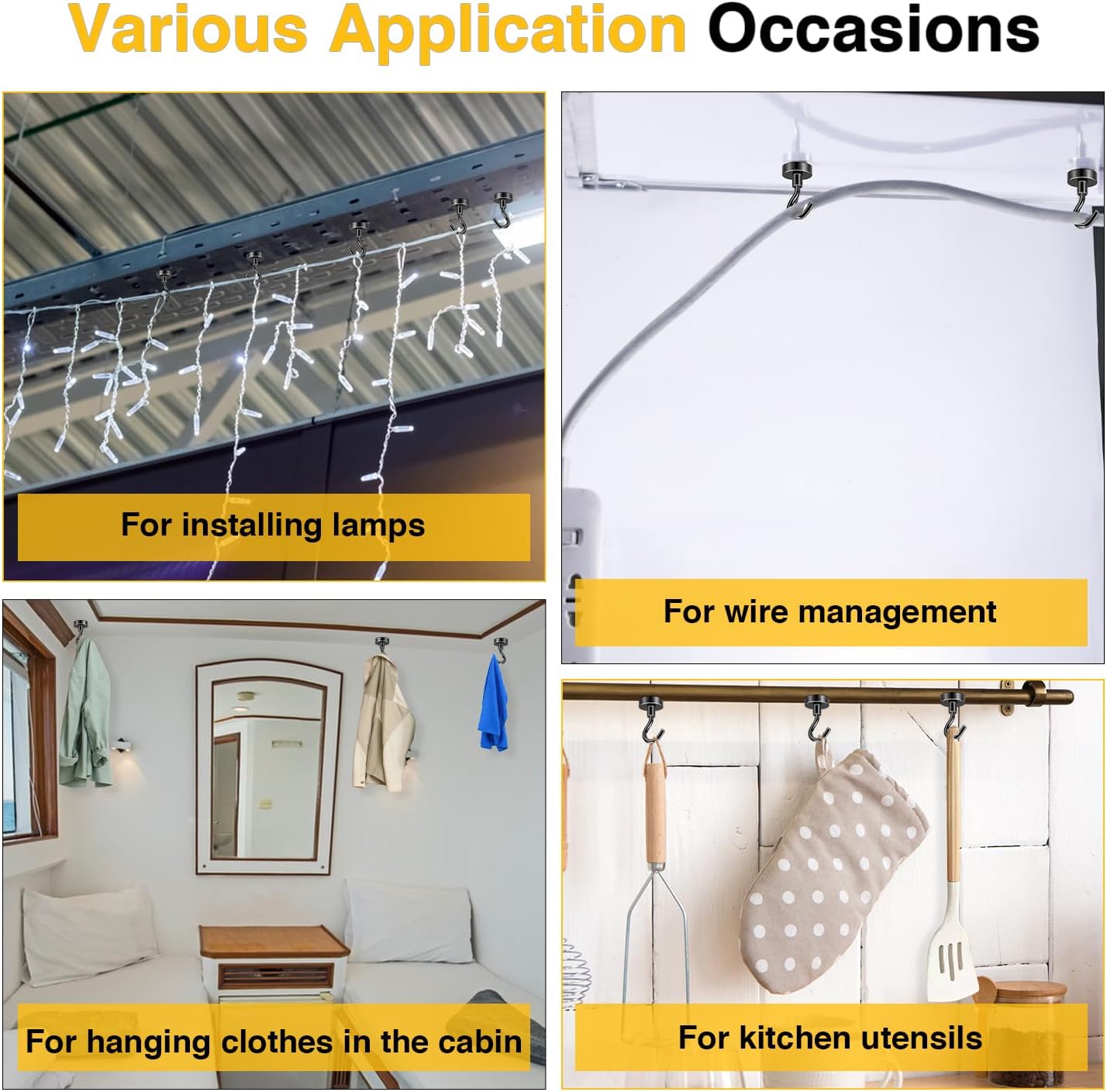 DIYMAG Hooks for Hanging String Lights, Black Magnetic Hooks 30lbs+ Magnet Hook 2025 Cruise Cabin Ship Essentials Heavy Duty Strong Magnets Refrigerator Fridge Classroom Kitchen Grills Home 3PCS