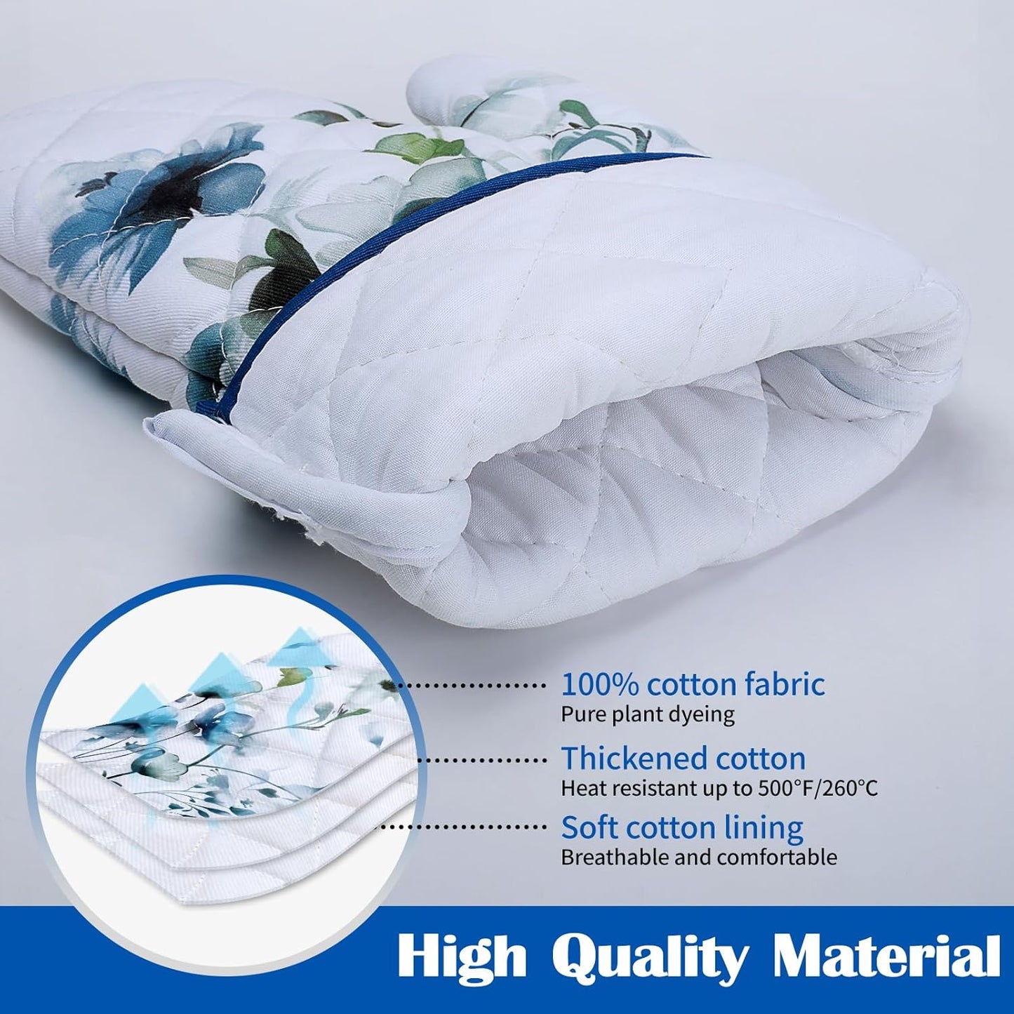 Blue Watercolor Flower Oven Mitts and Pot Holders Sets 4Pcs, 100% Cotton Heat Resistant, Extra Long Oven Gloves Potholder for Kitchen Cooking Baking Housewarming