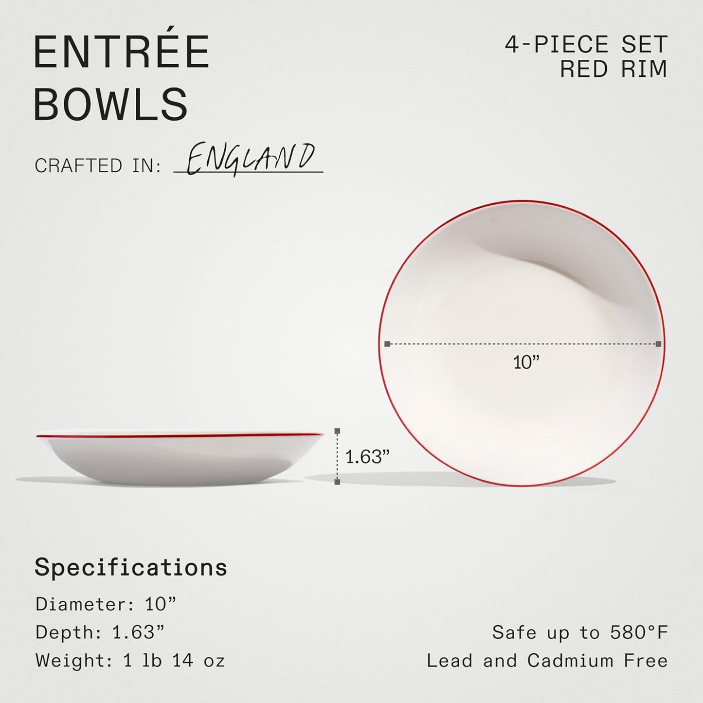 Made In Cookware - Set of 4 - Entrée Bowls - White With Red Rim - Porcelain - Crafted in England