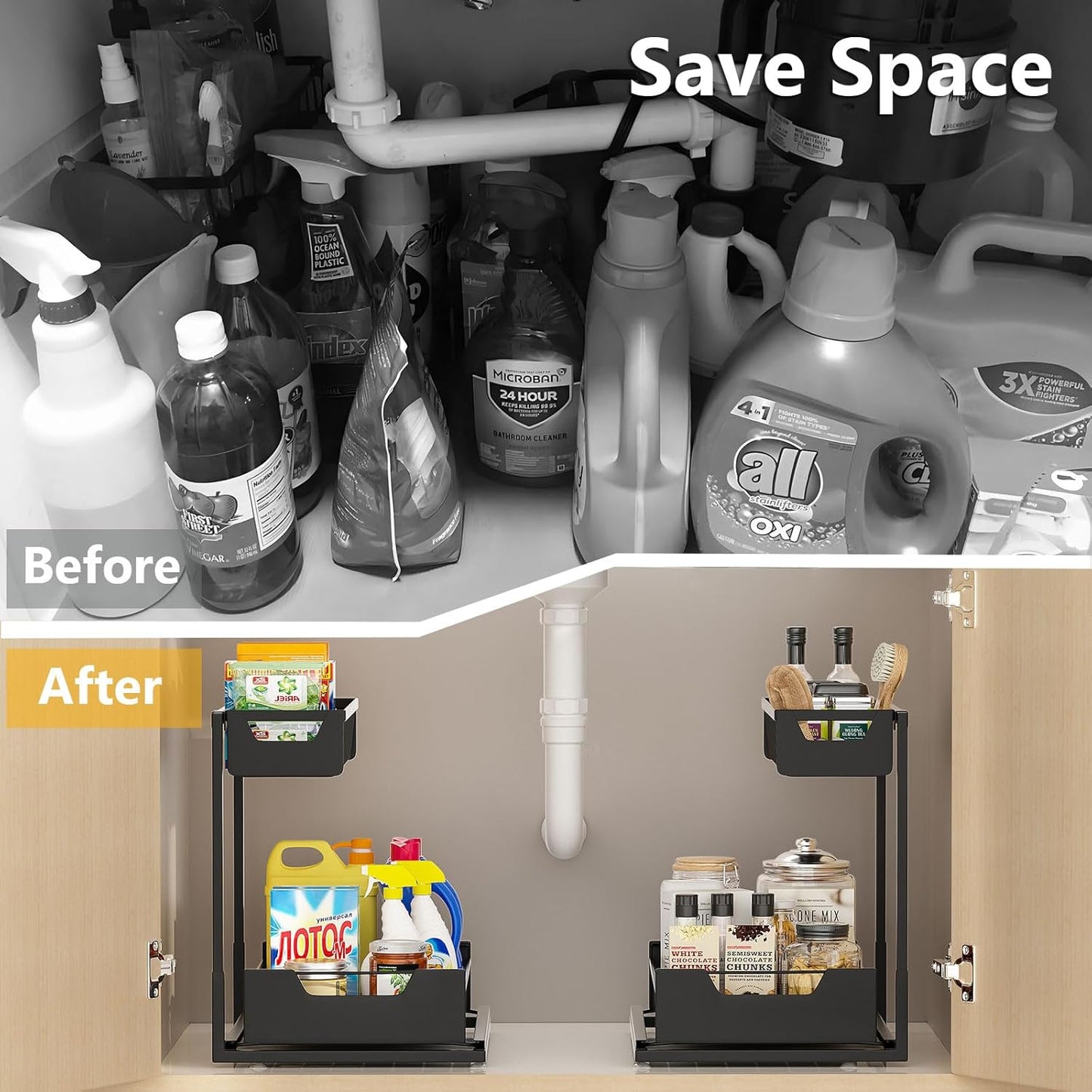 Under Kitchen Sink Organizers and Storage Pull Out 2 Tier Metal Bathroom Cabinet Organizer (Black, 2 Pack)