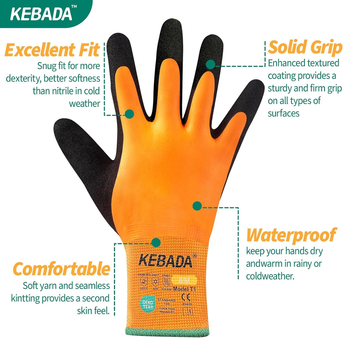 Kebada T1 3 Pairs Waterproof Winter Work Gloves for Men and Women, Warm Work Gloves for Cold Weather, Thermal Insulated Freezer Gloves, 100% Latex Coating & Super Grip, Unisex, X-Large