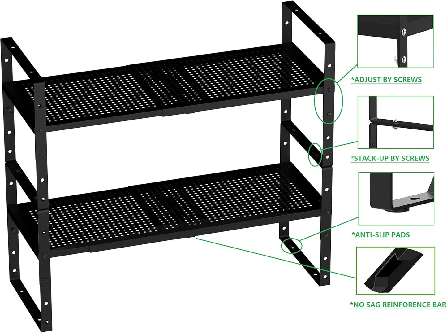 Expandable Shoe Rack Stackable Metal Pantry Storage Shelves Stand Adjustable Height Cabinet Shelf Organizer Racks Spice Shelving(3PACKS/BLACK,MEDIUM)