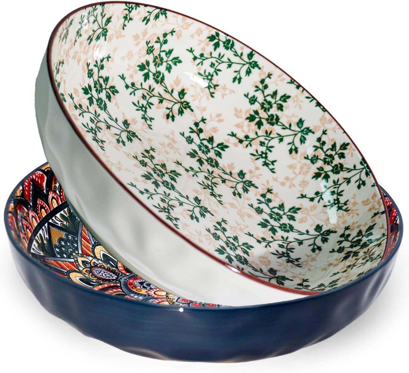 75 Oz Serving Bowls,2 Pack Bohemian Style Large Porcelain Dishes for Entertaining Parties,Big Bowls for Eating Soup, Salad, Pasta, Fruit, Chips, 10.3 Inch Diameter (blue Beige)